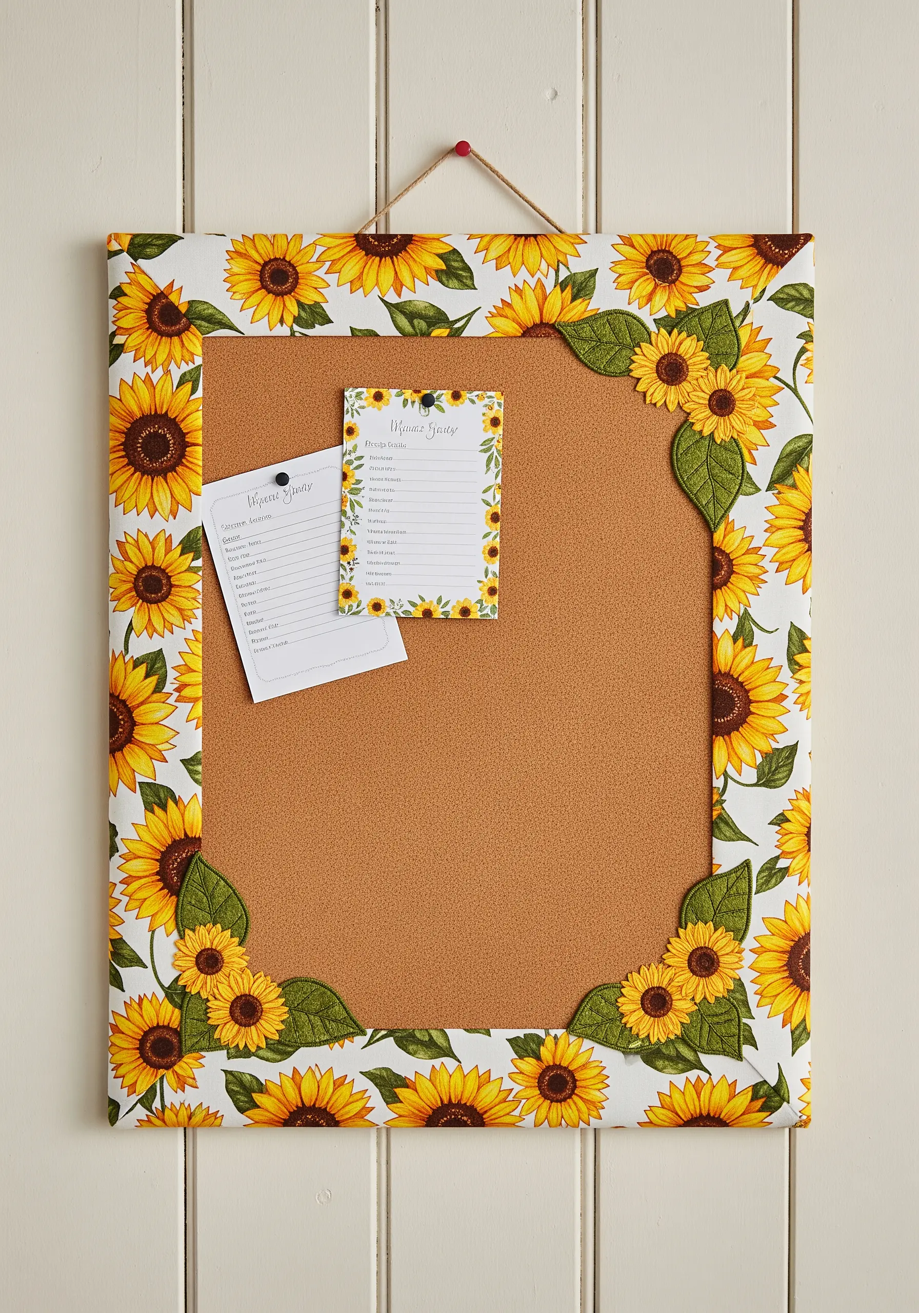Cork memo board framed with sunflower fabric and embellished with appliqué leaves.