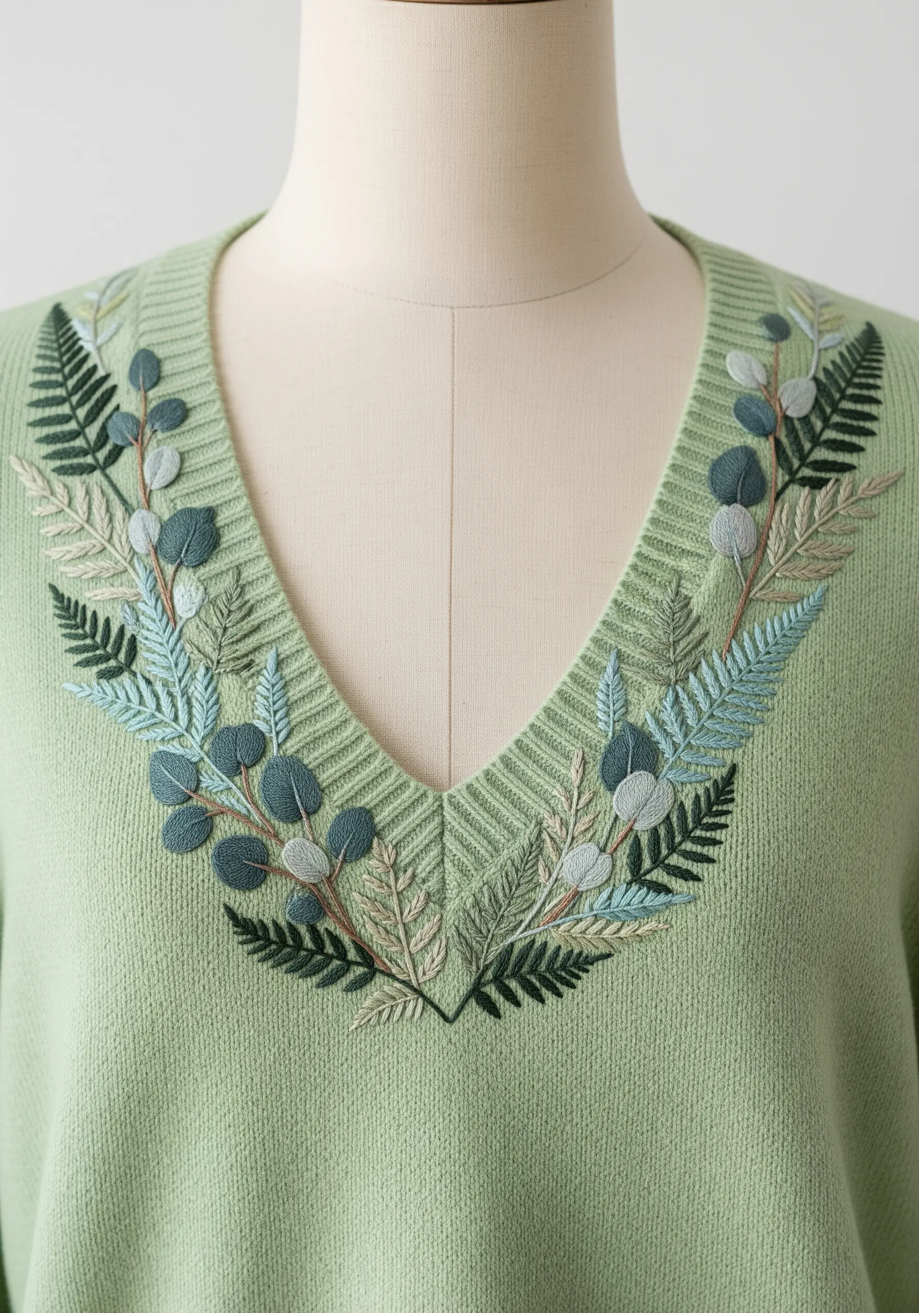 Eucalyptus and fern branches embroidered symmetrically around the V-neck of a green sweater.