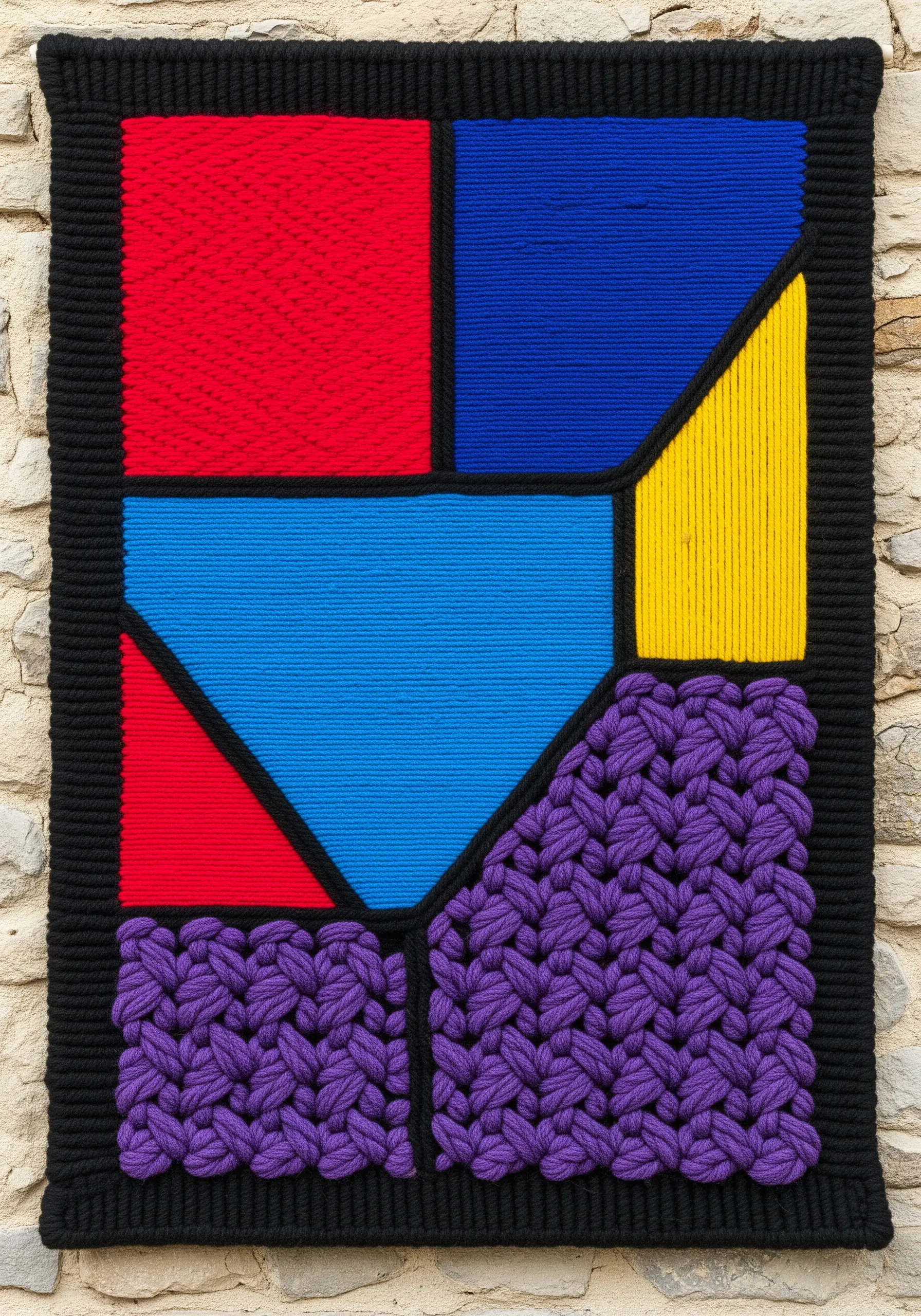 A color-blocked fiber art piece with bold red, blue, and yellow sections separated by black lines.