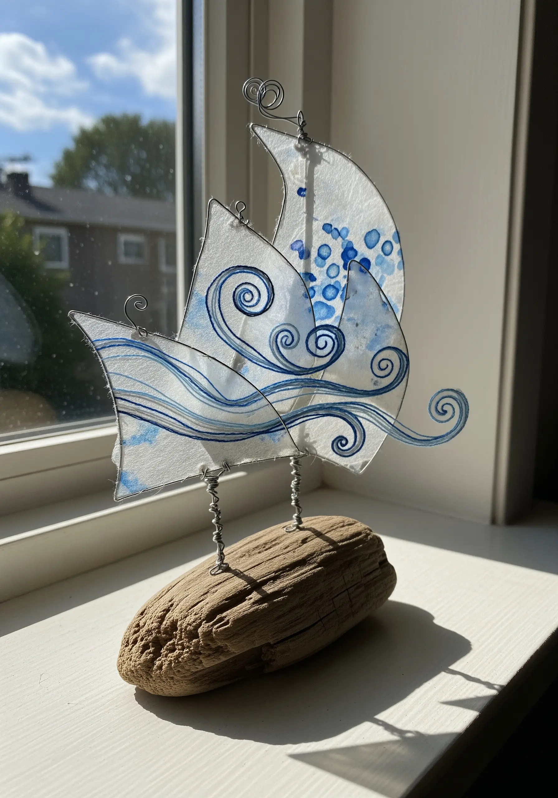 A small sculpture of a sailboat made with a wire frame, translucent paper sails, and blue watercolor.