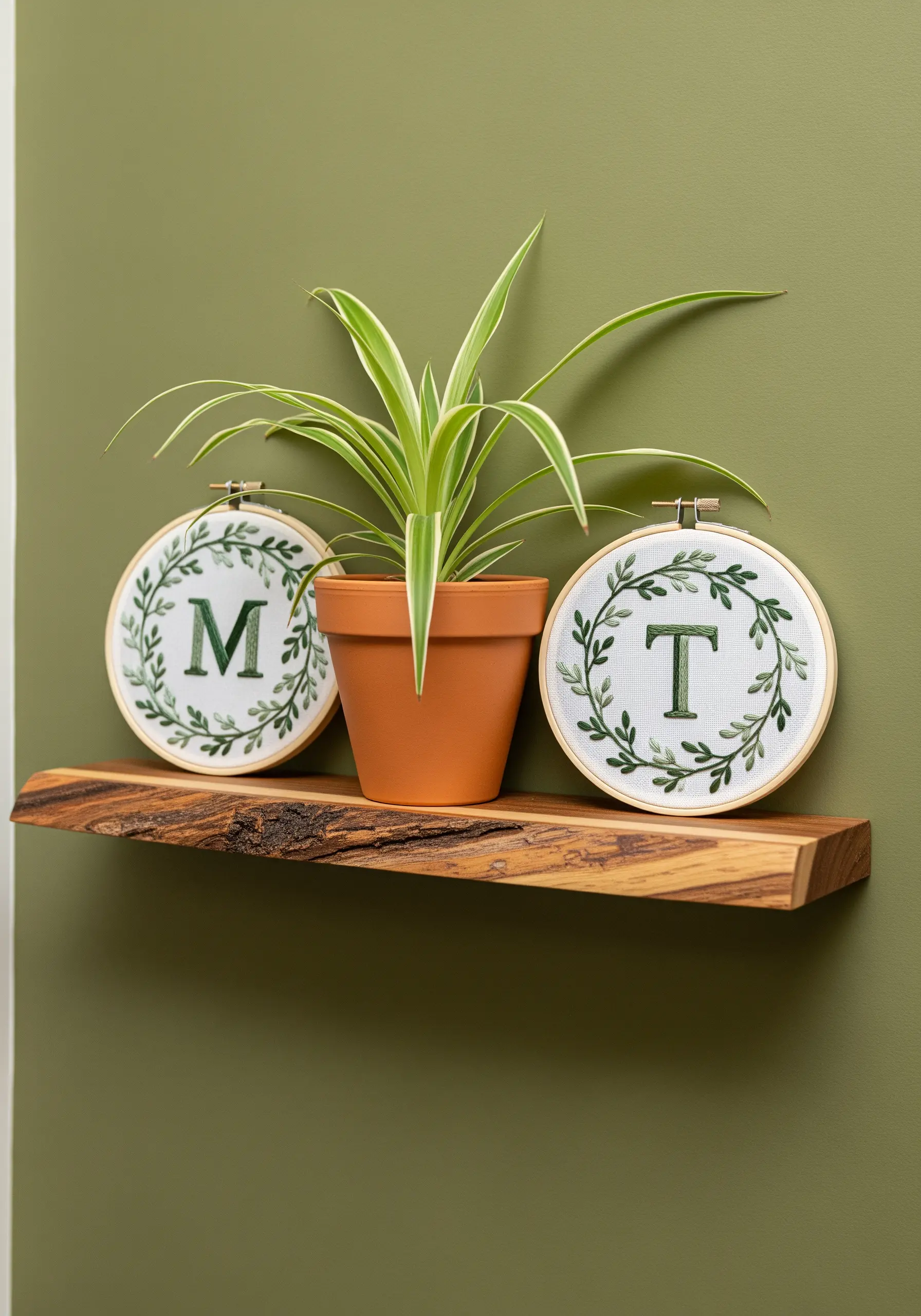 Two monograms in embroidery hoops, each encircled by a delicate green leaf wreath.