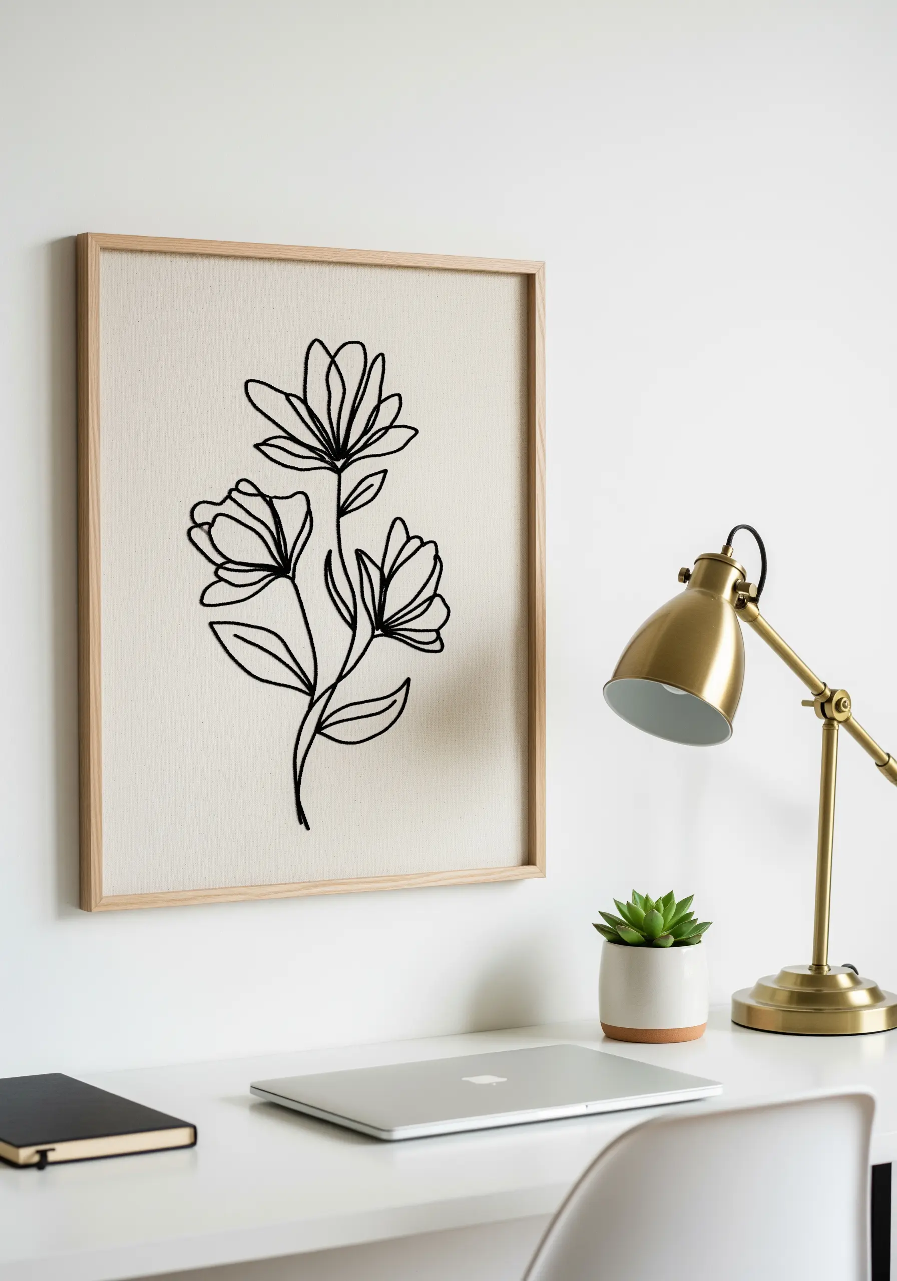 A single floral line art motif stitched in black thread and displayed in a simple wooden frame.