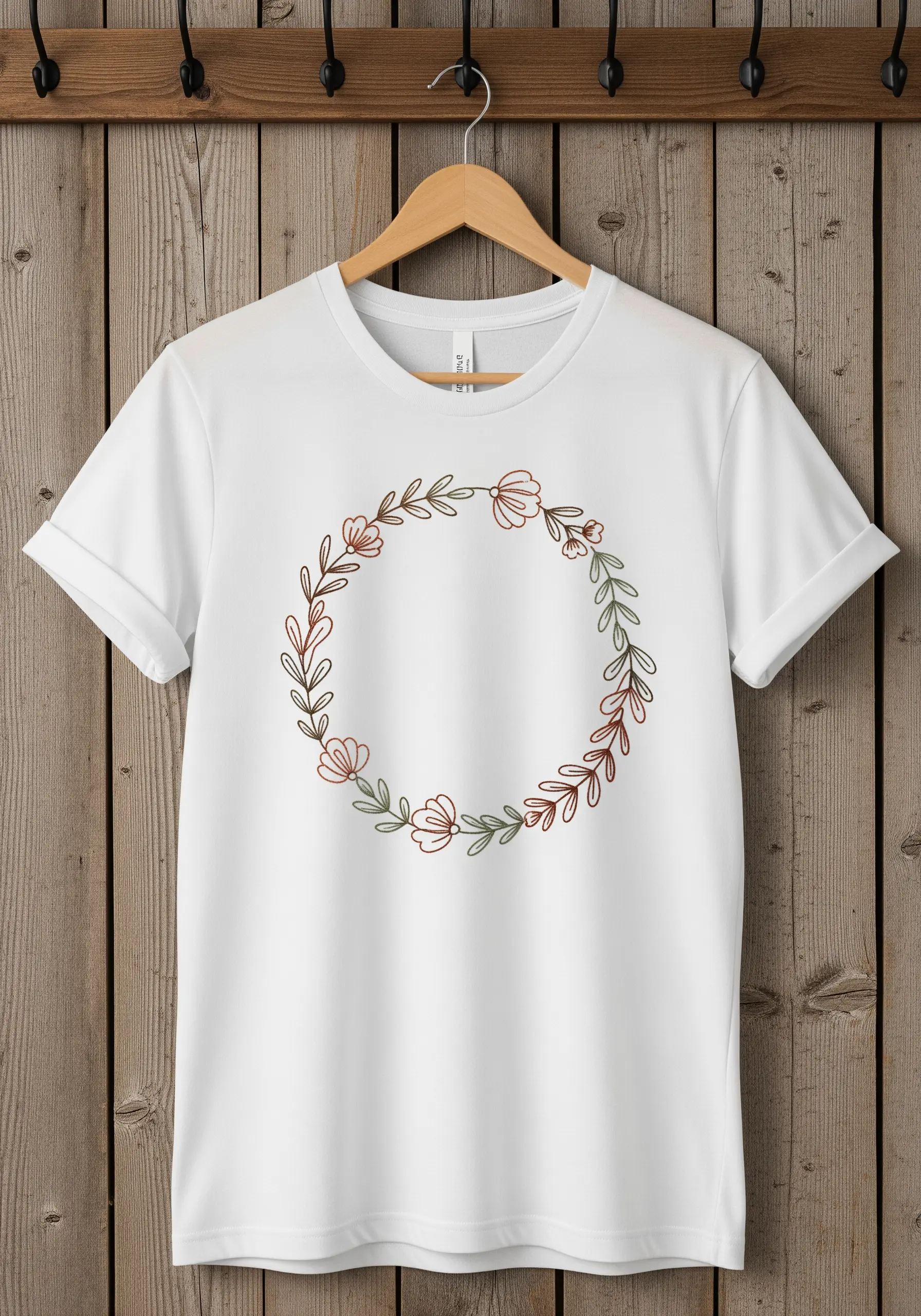 A delicate wreath of leaves and flowers in muted tones on a t-shirt.