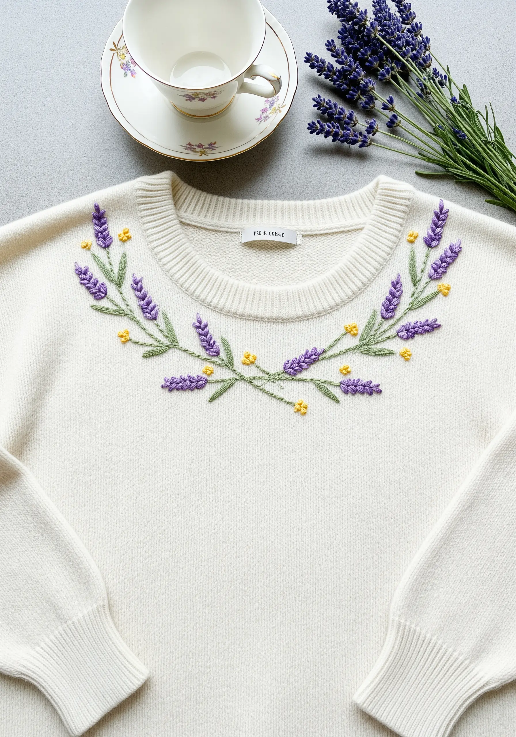 Symmetrical lavender sprigs embroidered around the collar of a white sweater.