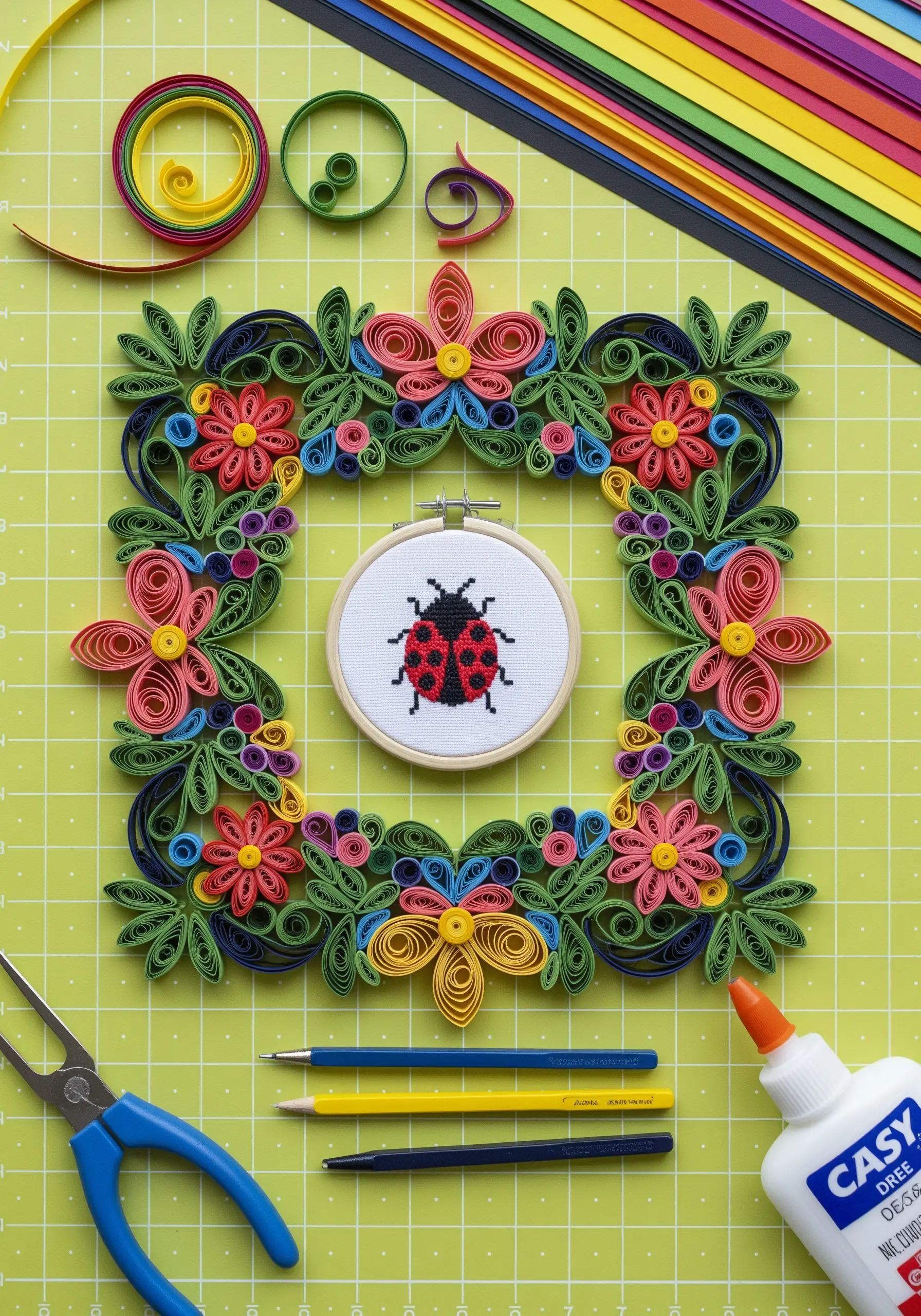 A cross-stitched ladybug in a hoop, framed by a dense, colorful border of quilled paper flowers and leaves.