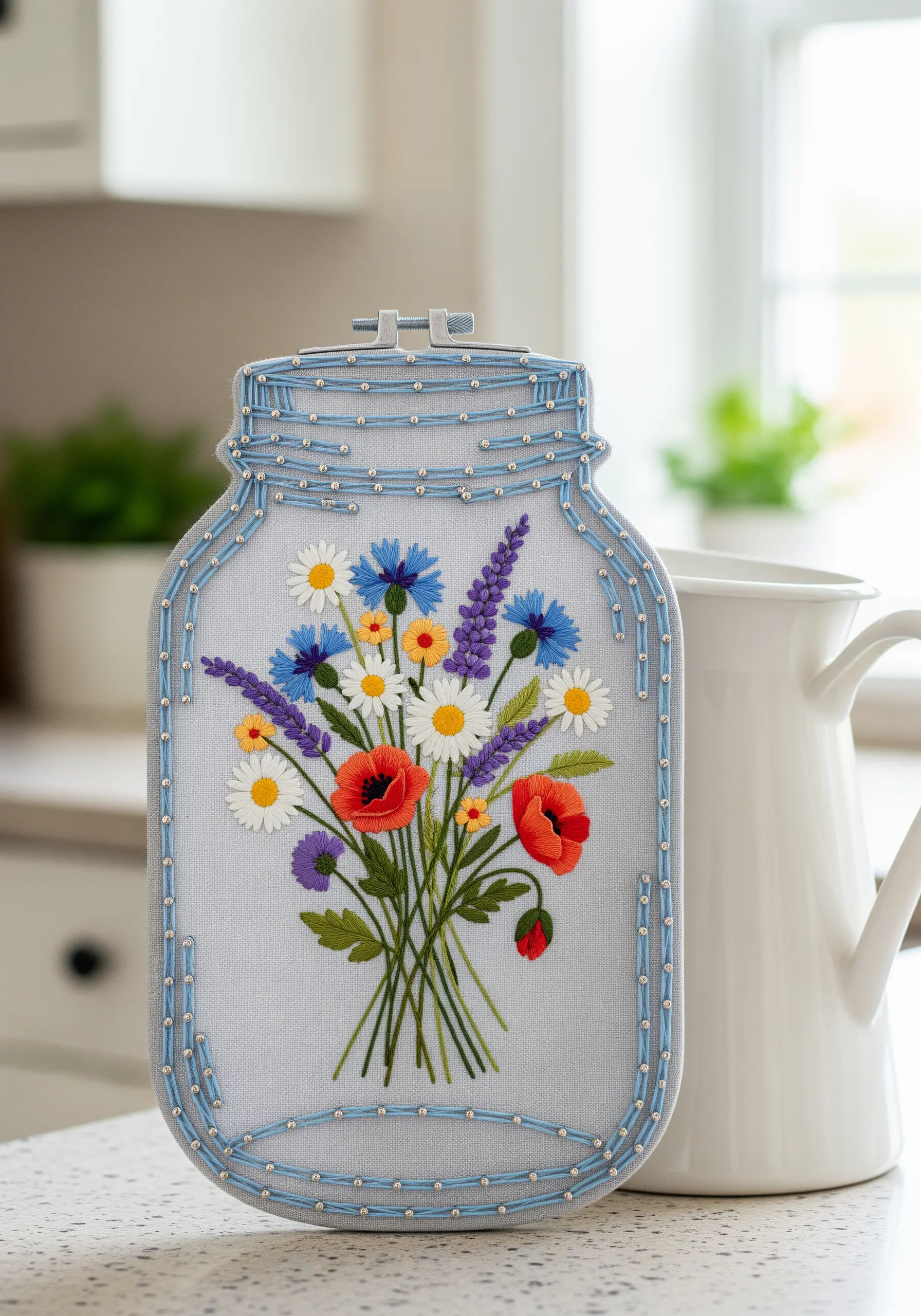 Embroidered wildflower bouquet inside a mason jar shape outlined with blue string and silver beads.