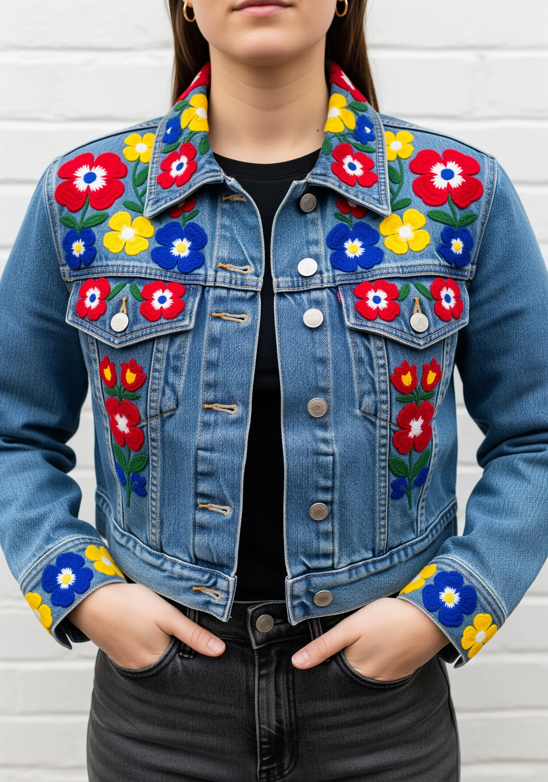 Bold, colorful folk art flowers embroidered on the collar and front panels of a light blue denim jacket.