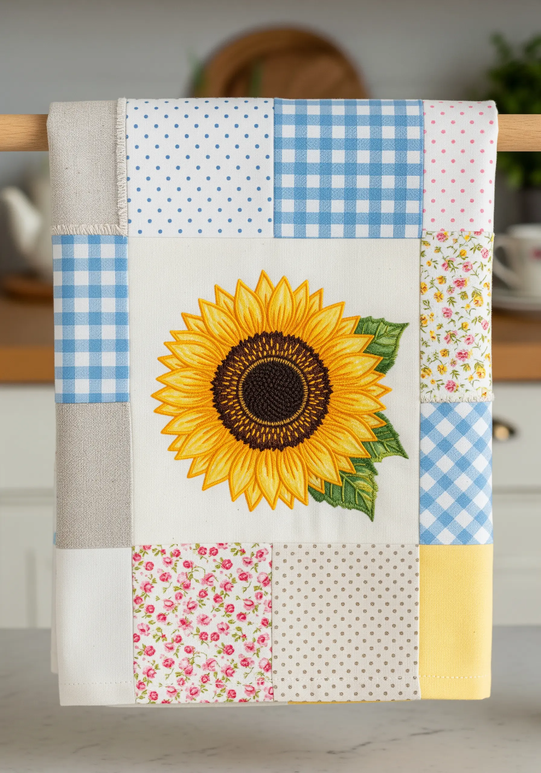 A large embroidered sunflower on a white panel, framed by a border of patchwork fabric squares