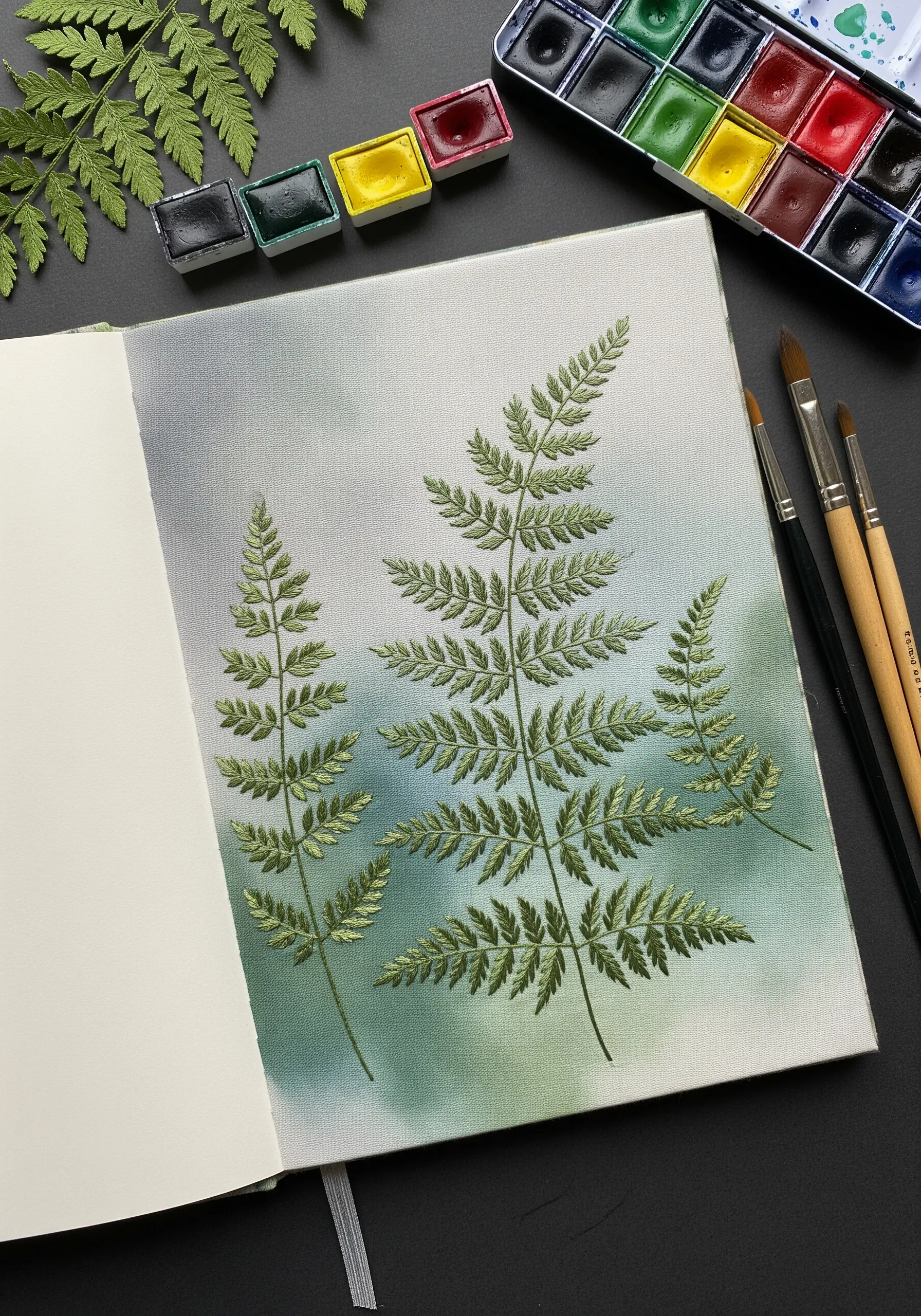 Embroidered ferns on a canvas that has been pre-painted with a green and gray watercolor wash.