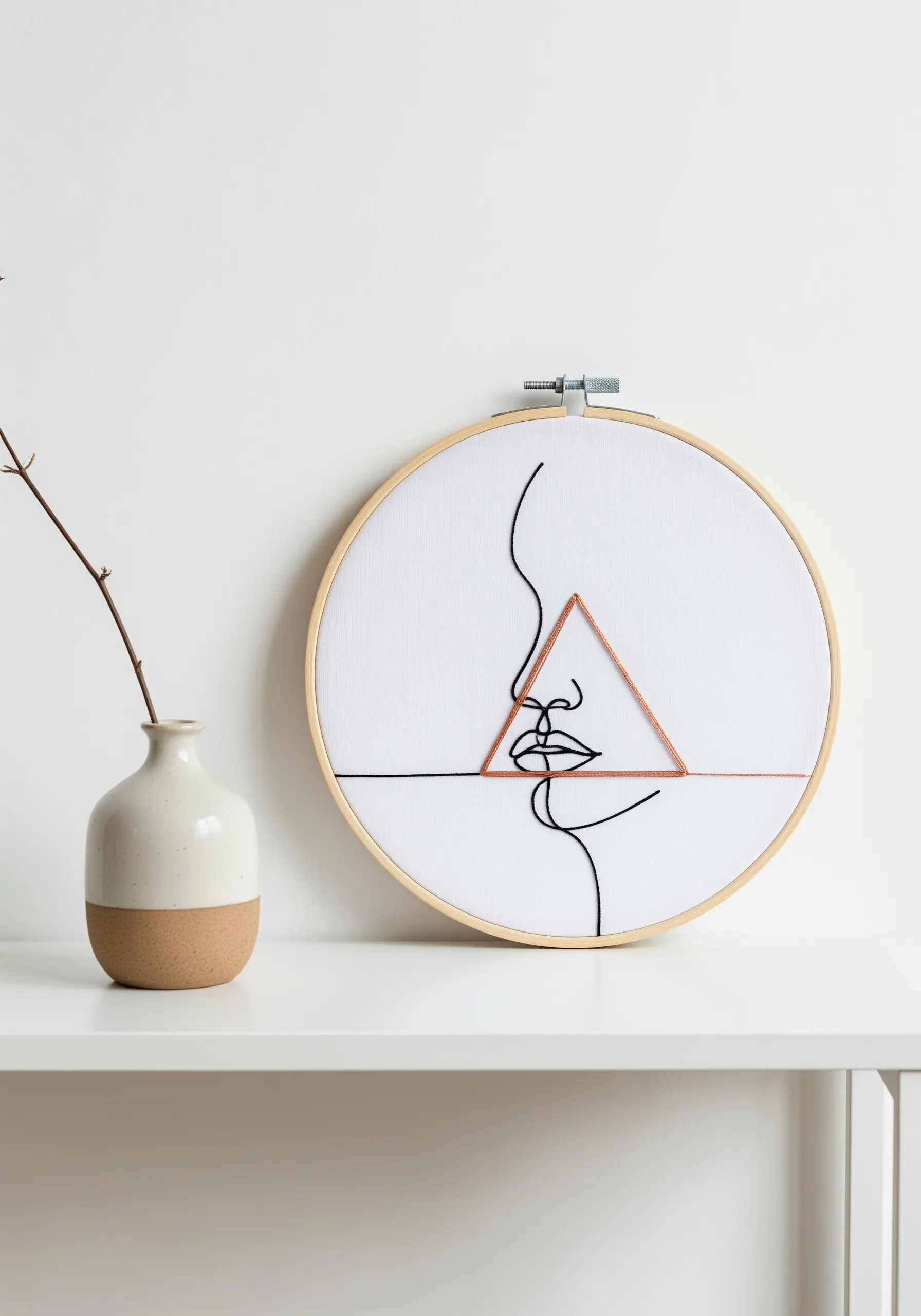 A single-line face profile intersected by a clean, copper-colored embroidered triangle.