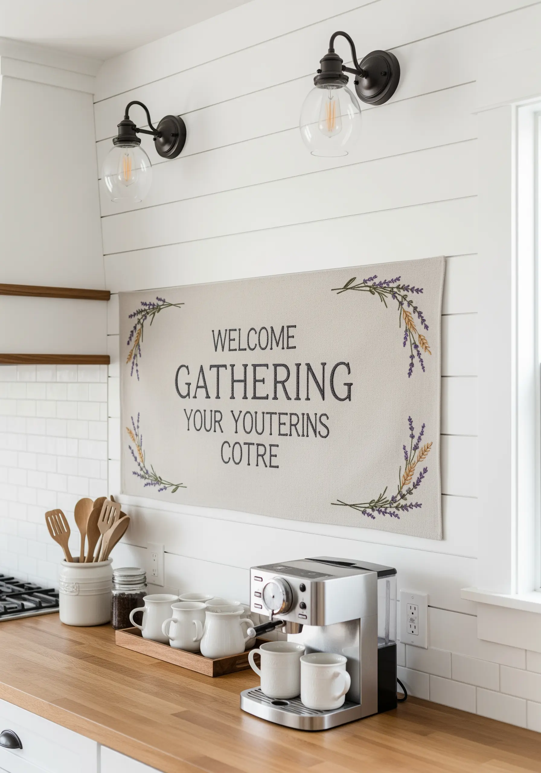 Embroidered kitchen sign with lavender and wheat botanical corners.