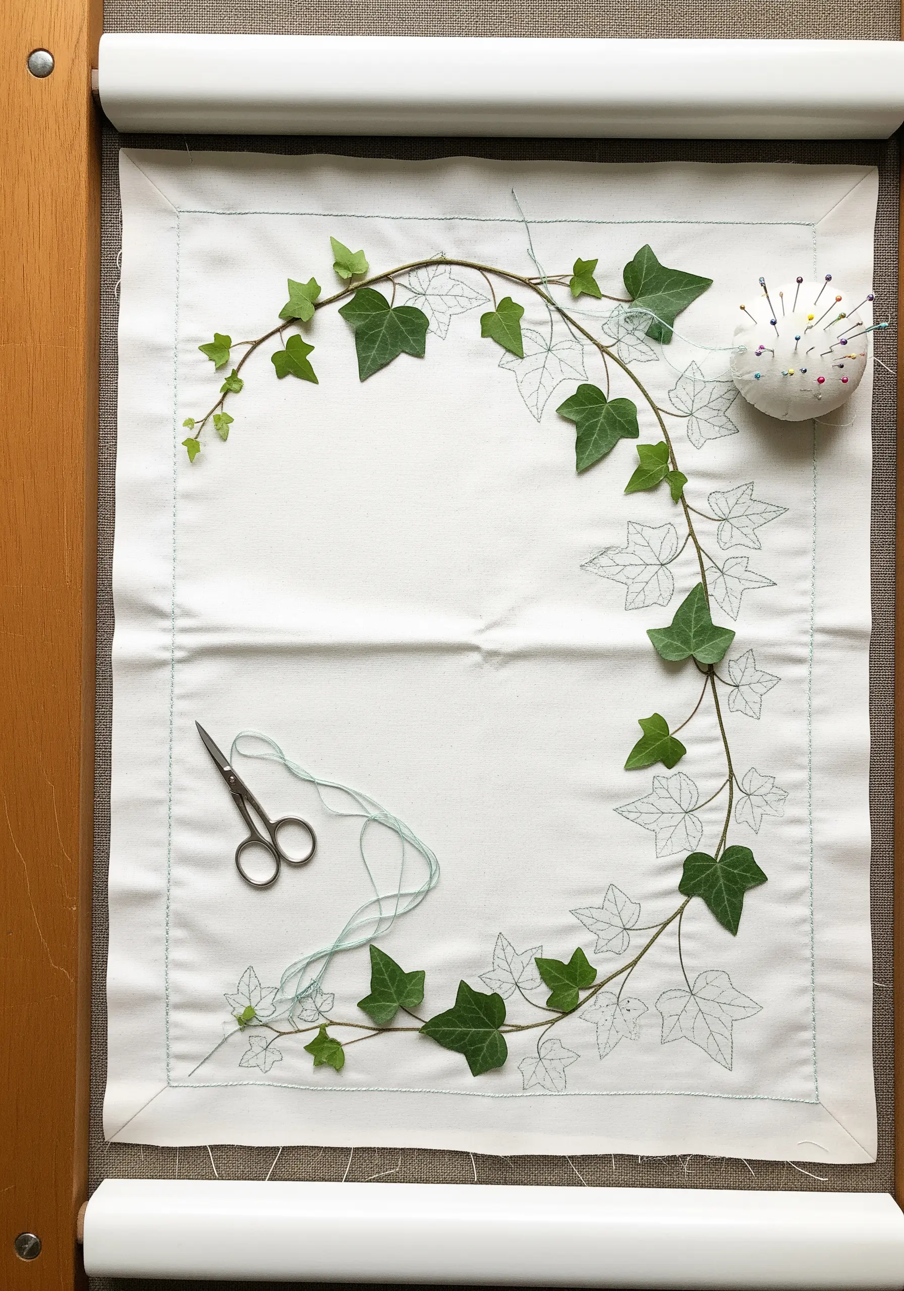 Embroidery in progress showing an ivy vine used as a guide for a border design