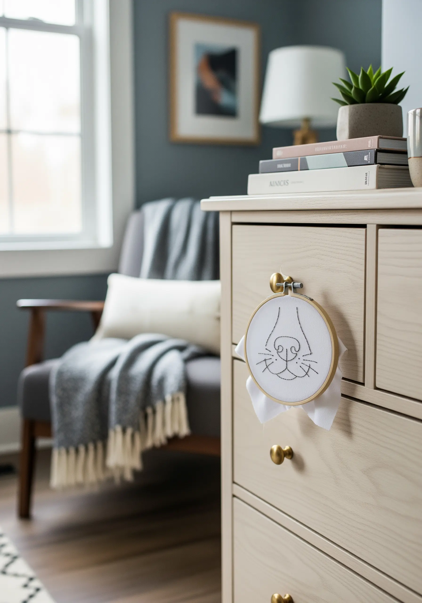 A small embroidery hoop with a dog's nose used as a drawer pull on a dresser.