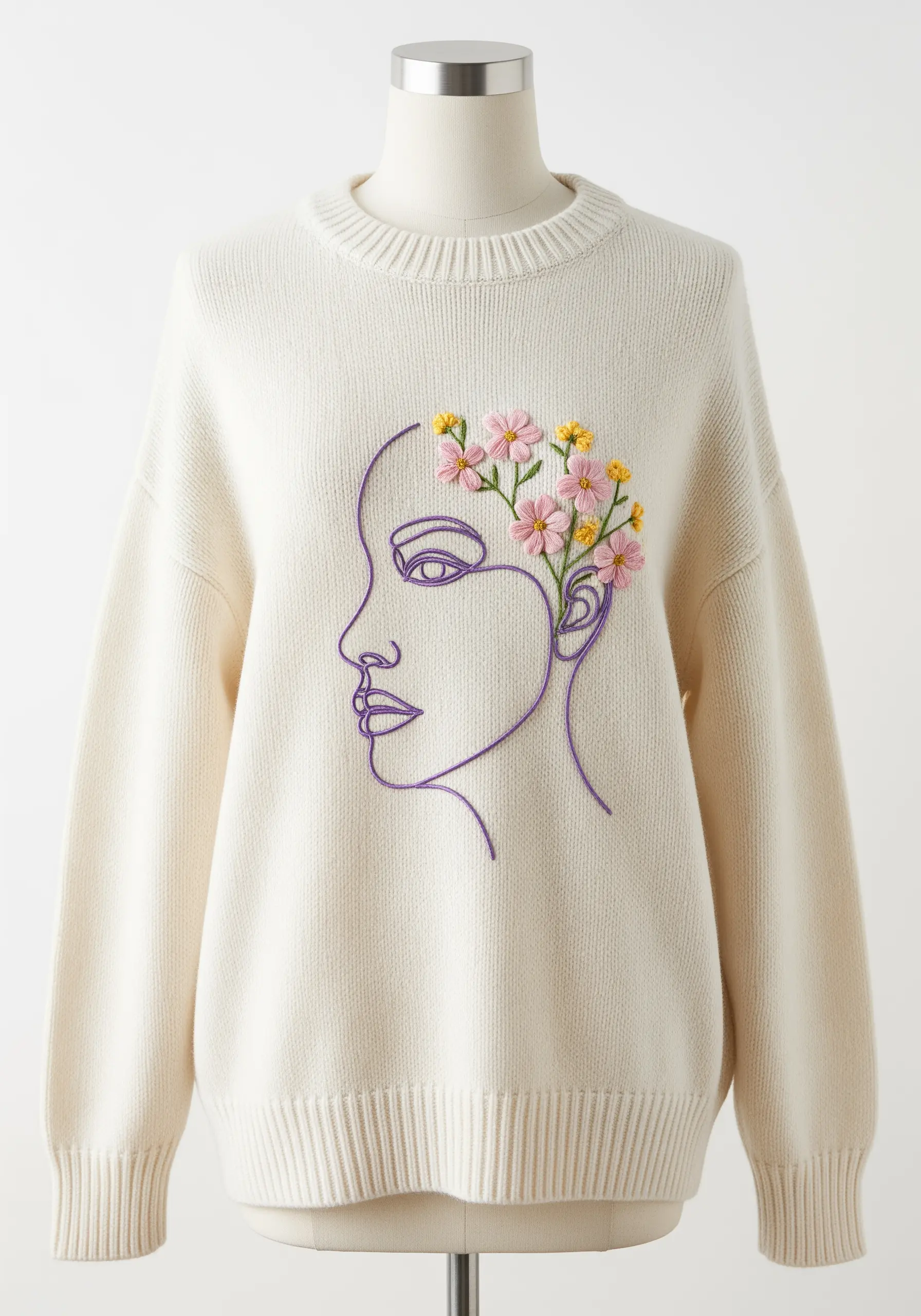 A purple line-art profile of a face with colorful embroidered flowers blooming from the head.