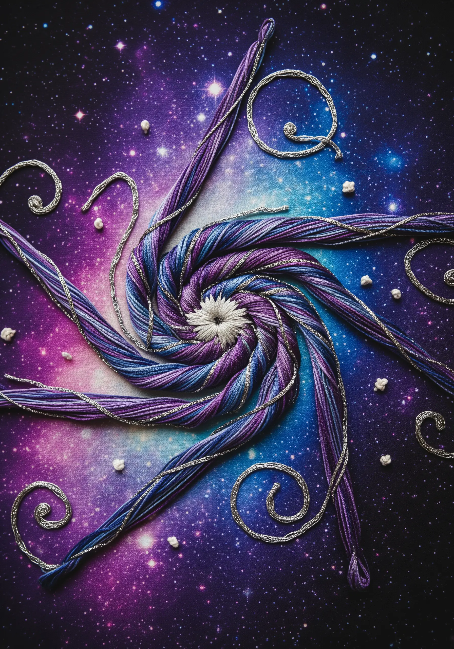 Swirling galaxy embroidery with whipped purple and silver cords on a space-print fabric.