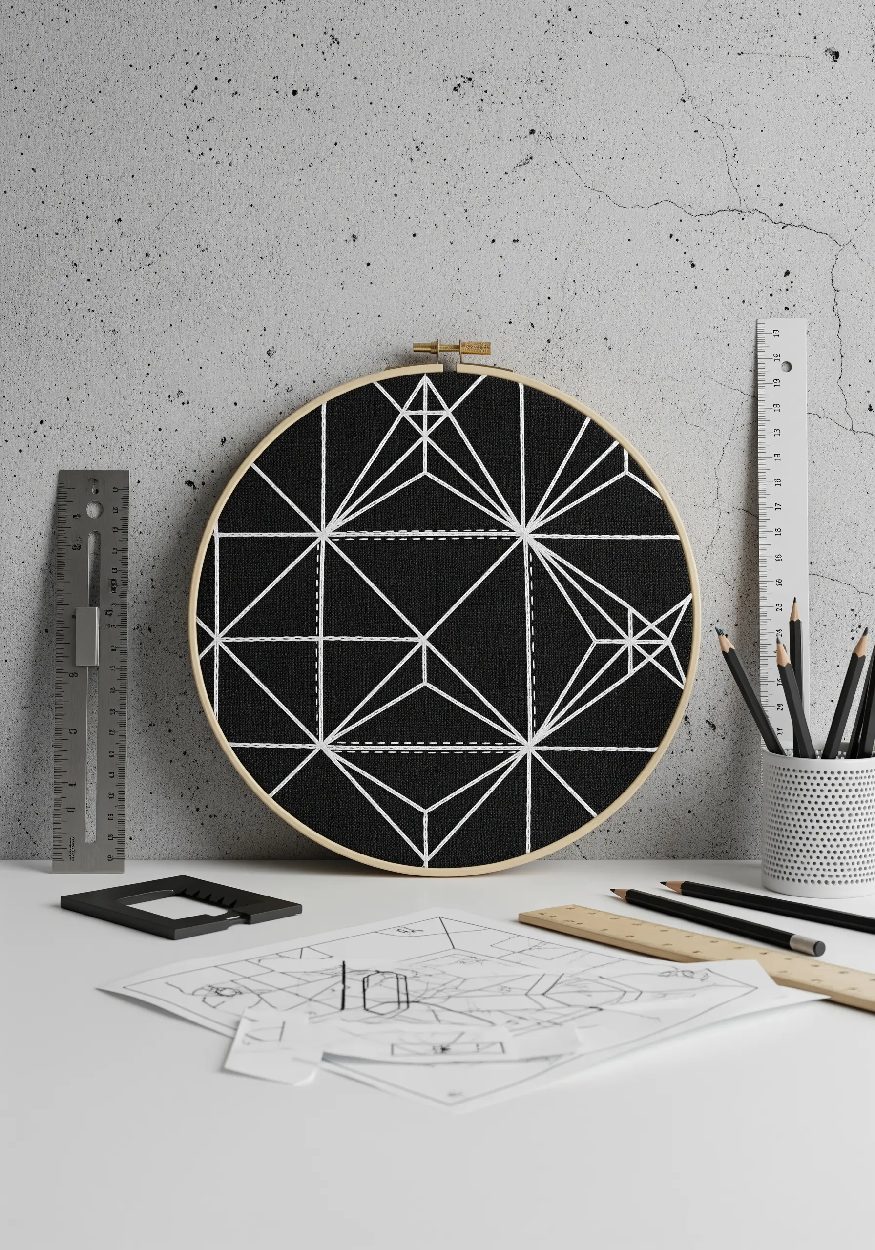 White-thread geometric line art on black fabric in an embroidery hoop.