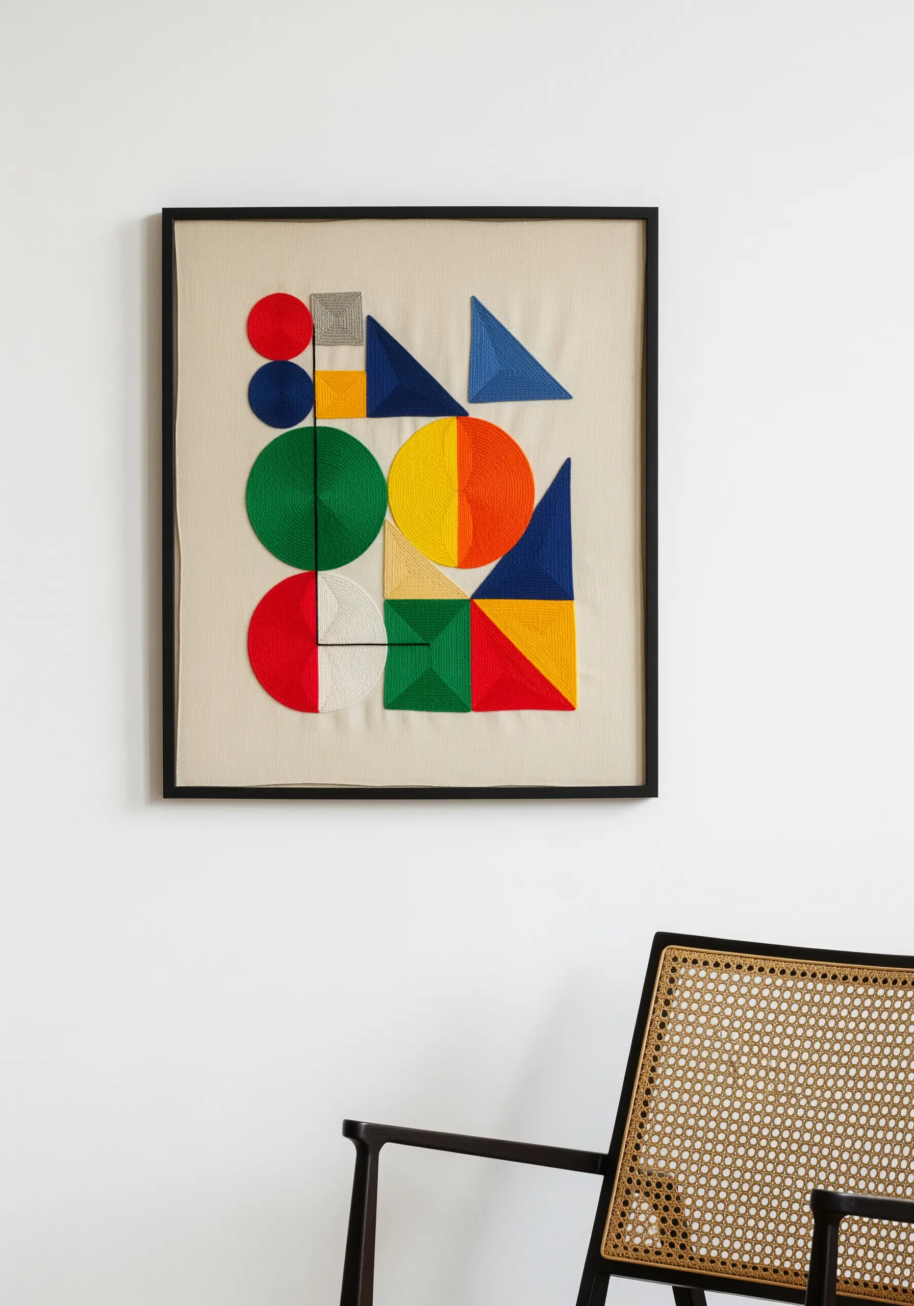 A minimalist geometric embroidery with perfectly smooth, solid blocks of primary colors.
