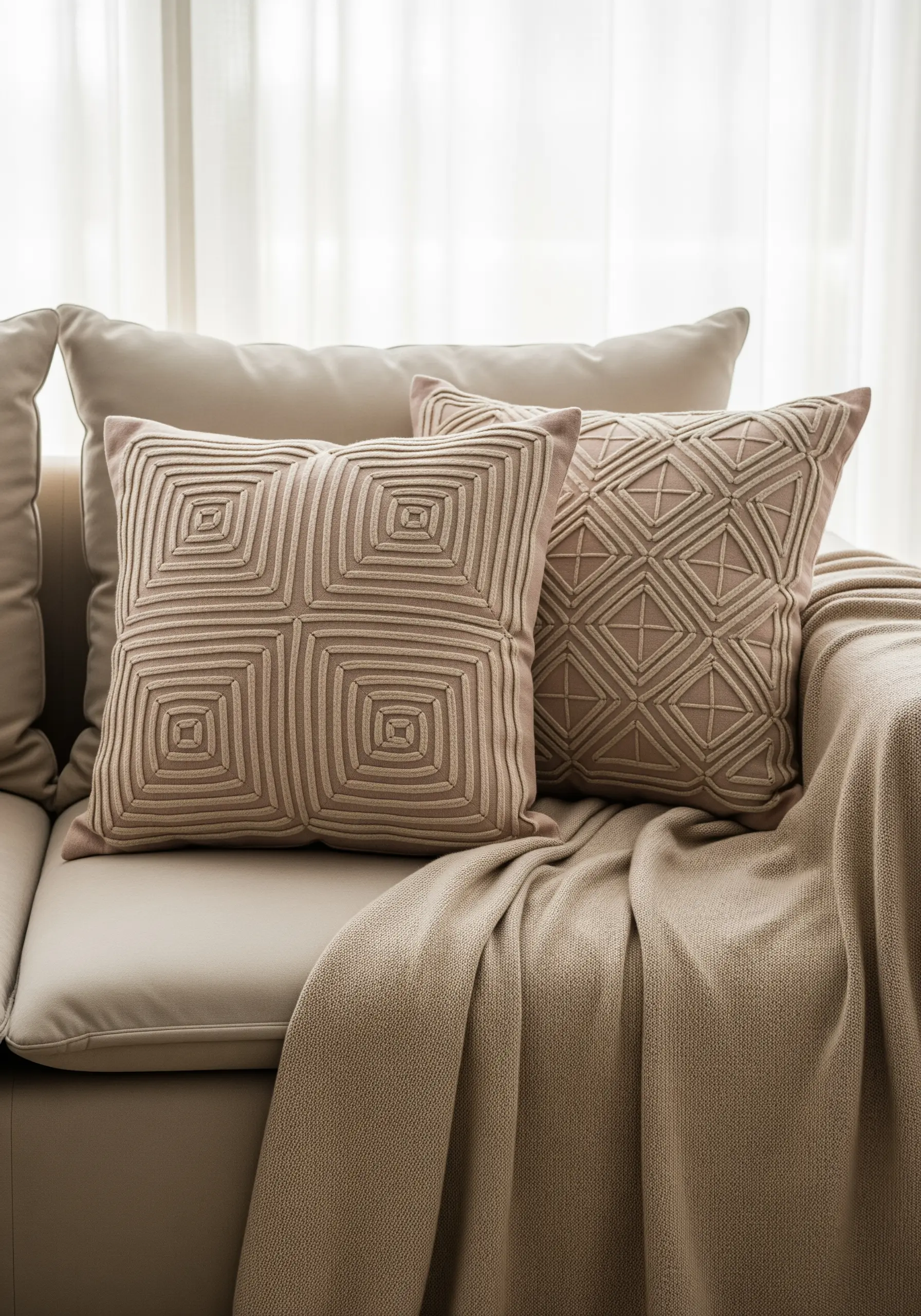 Square pillows with raised, geometric embroidery patterns creating a woven look.