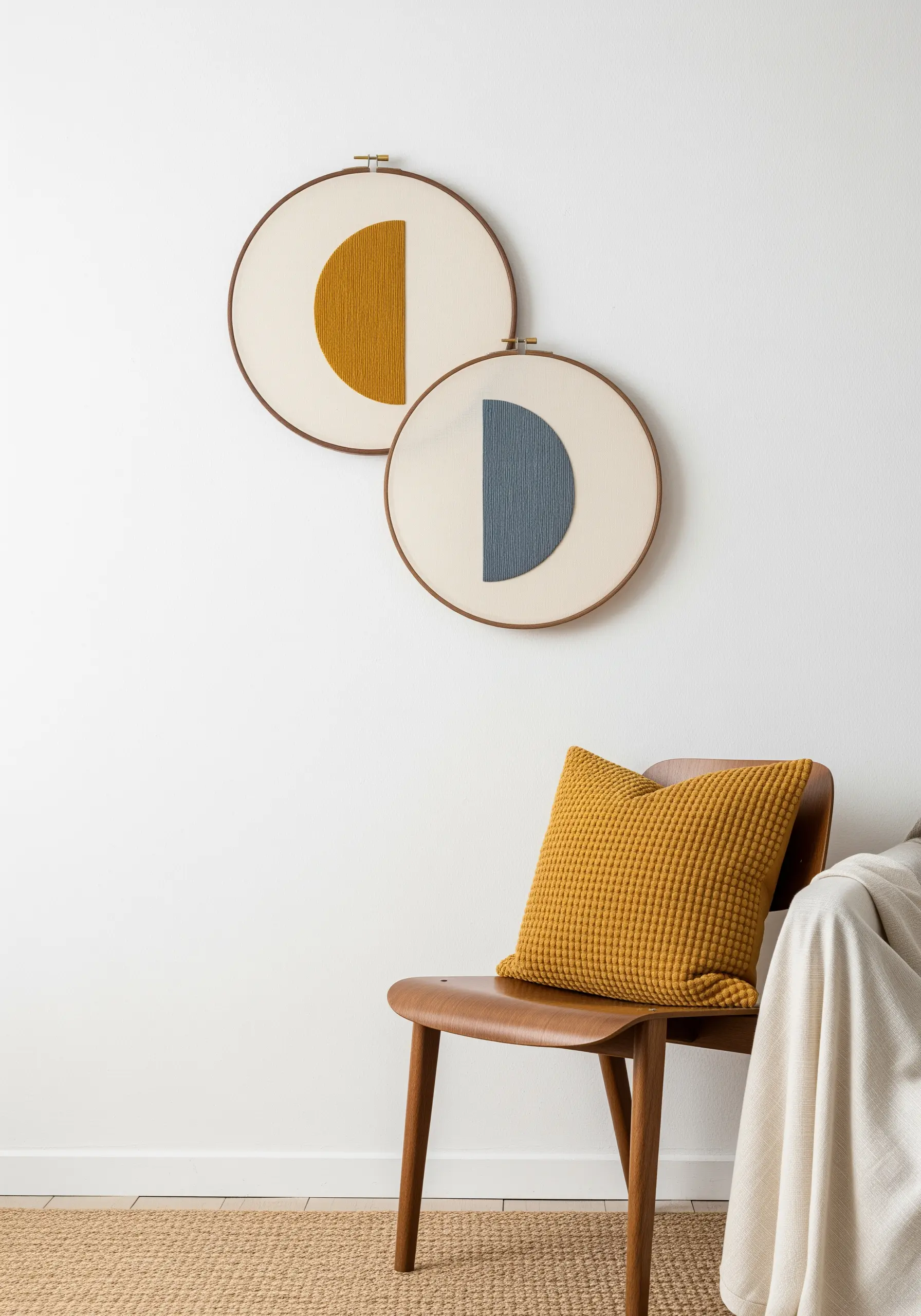 Two embroidery hoops with geometric semi-circles in mustard yellow and slate blue.