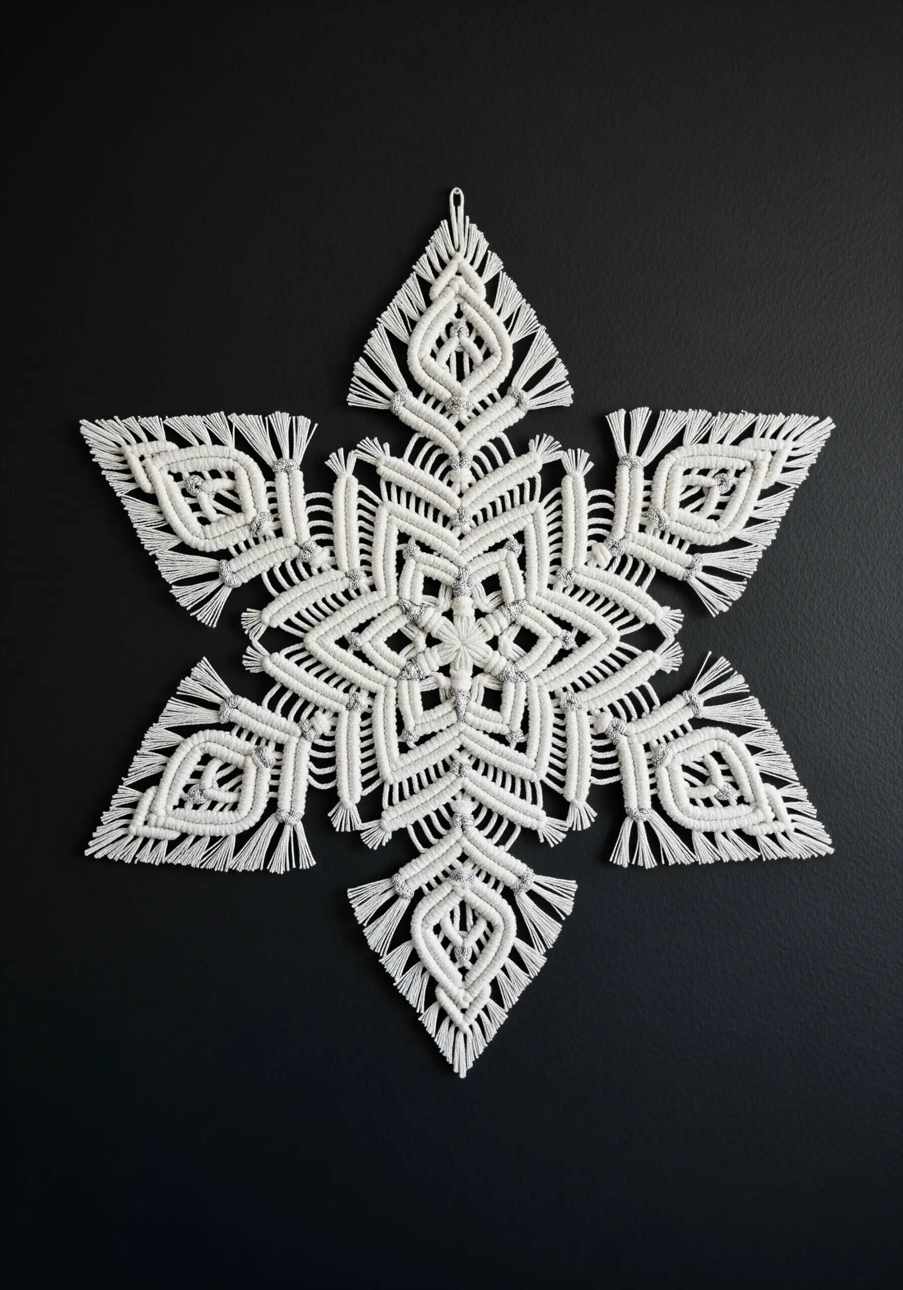 An intricate white macrame snowflake hanging against a dark wall.