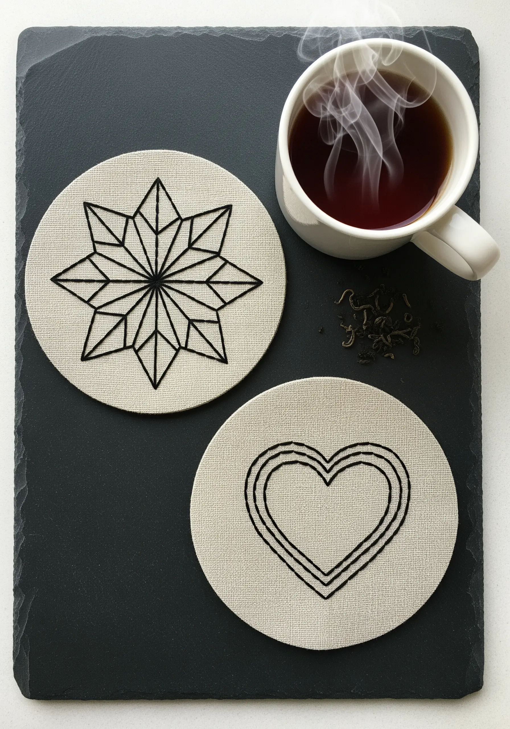 Geometric heart and star motifs embroidered in black backstitch on round linen coasters.
