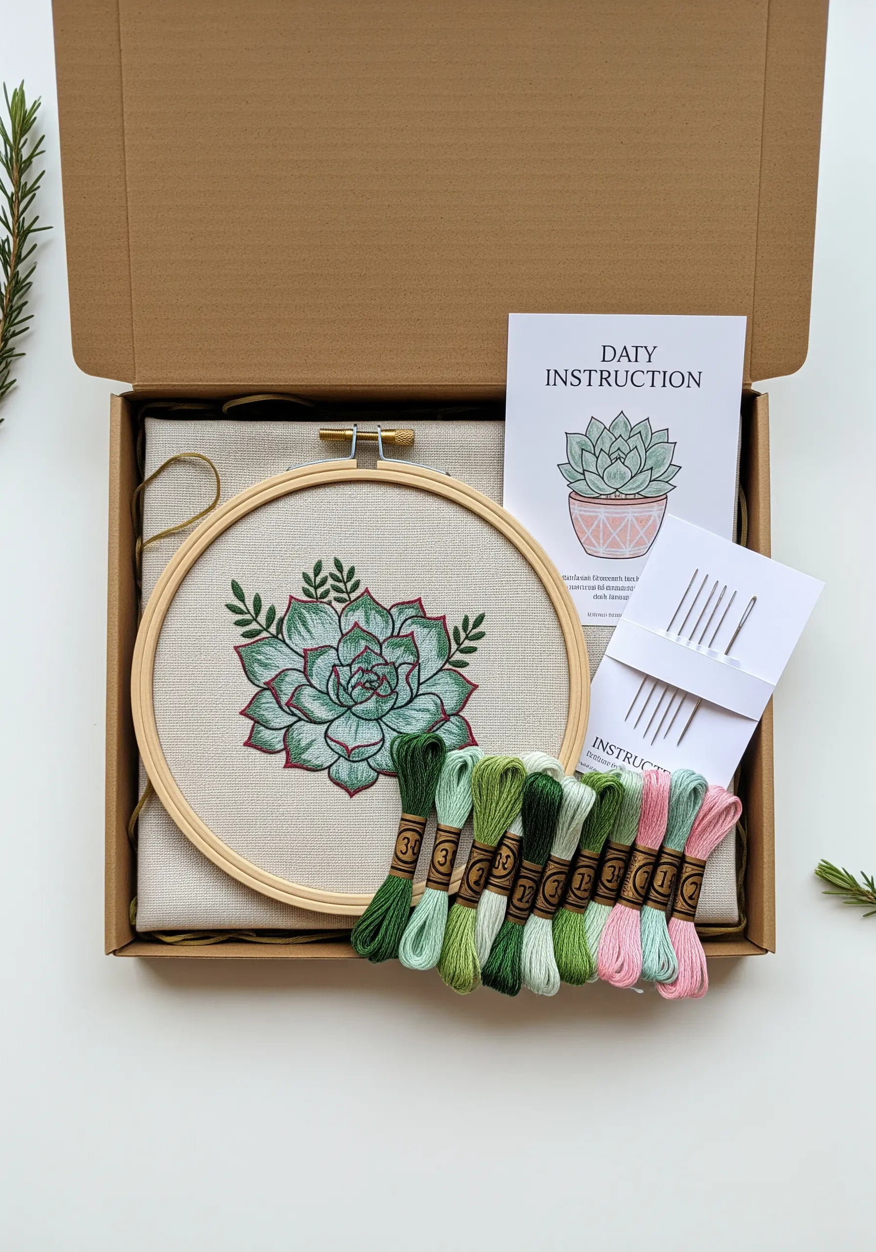 A DIY embroidery kit with a succulent pattern, floss, hoop, and instructions.