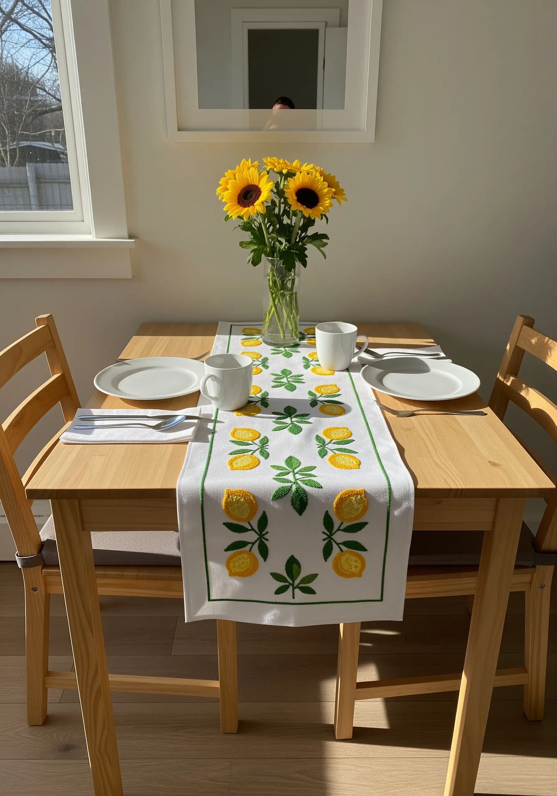 A white table runner with embroidered lemons and leaves, showing dimensional texture.
