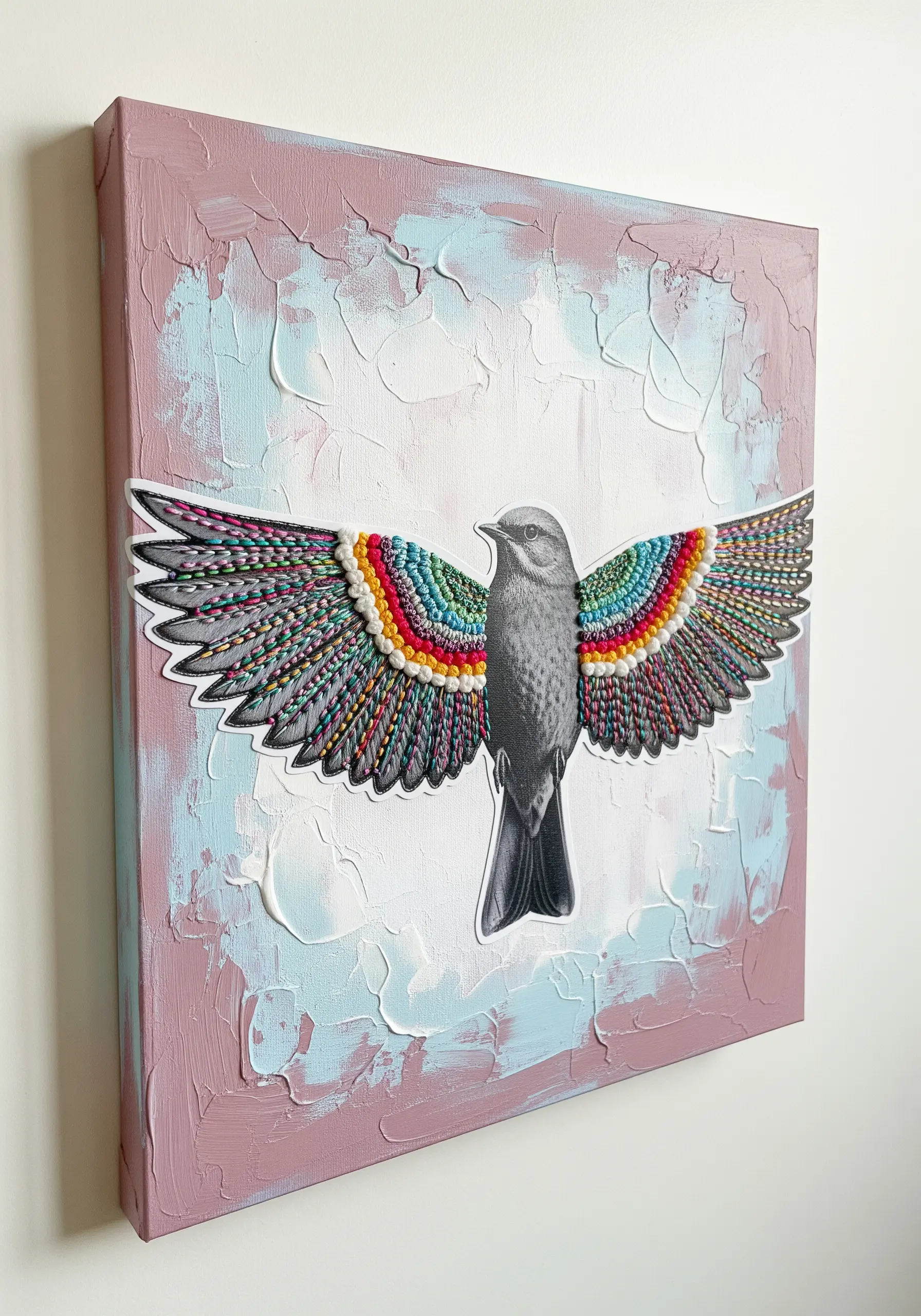 A grayscale bird print with wings fully embroidered in dense, colorful stitches on a painted canvas.