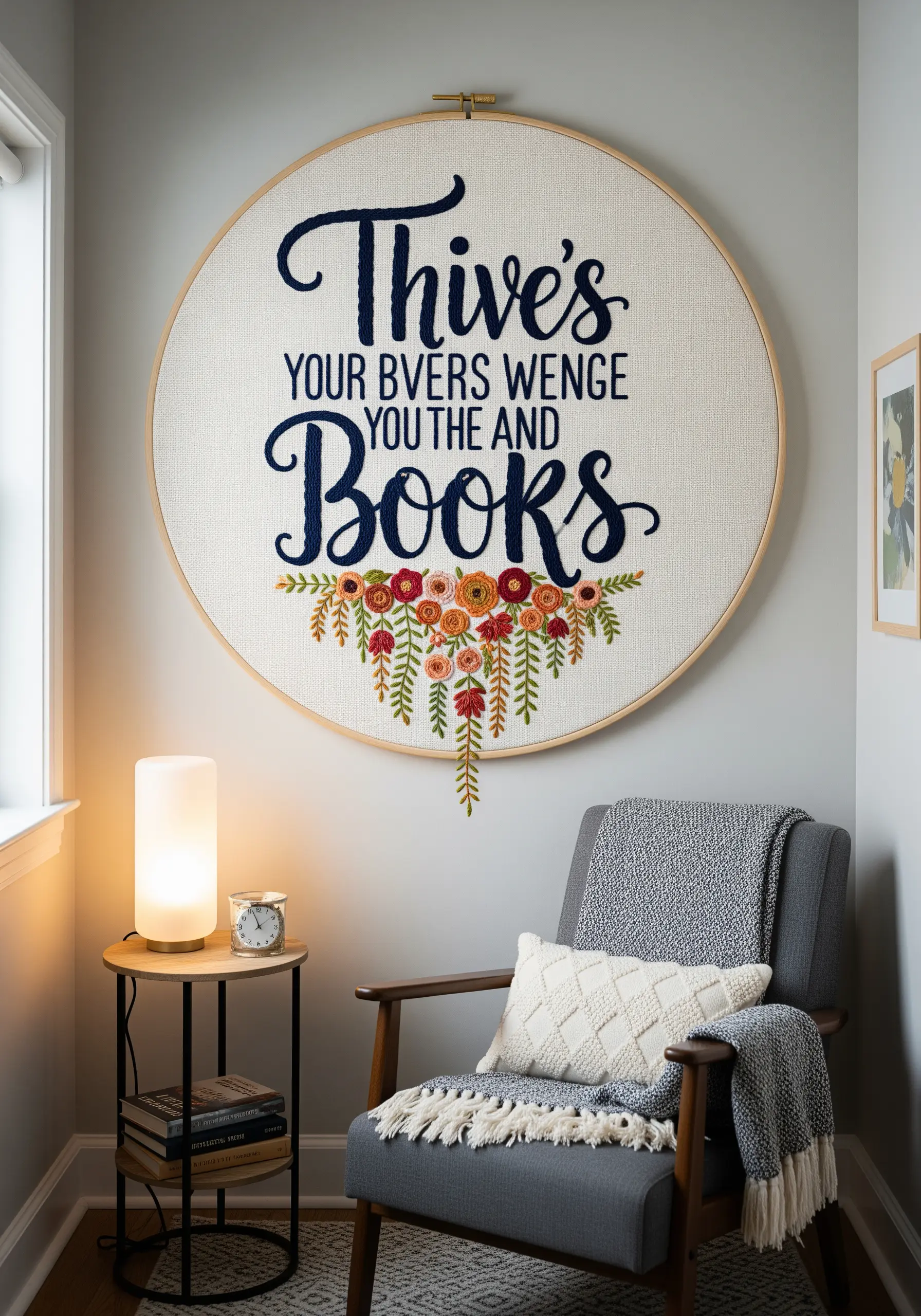 An oversized hoop featuring a quote stitched in bold, raised navy blue thread.