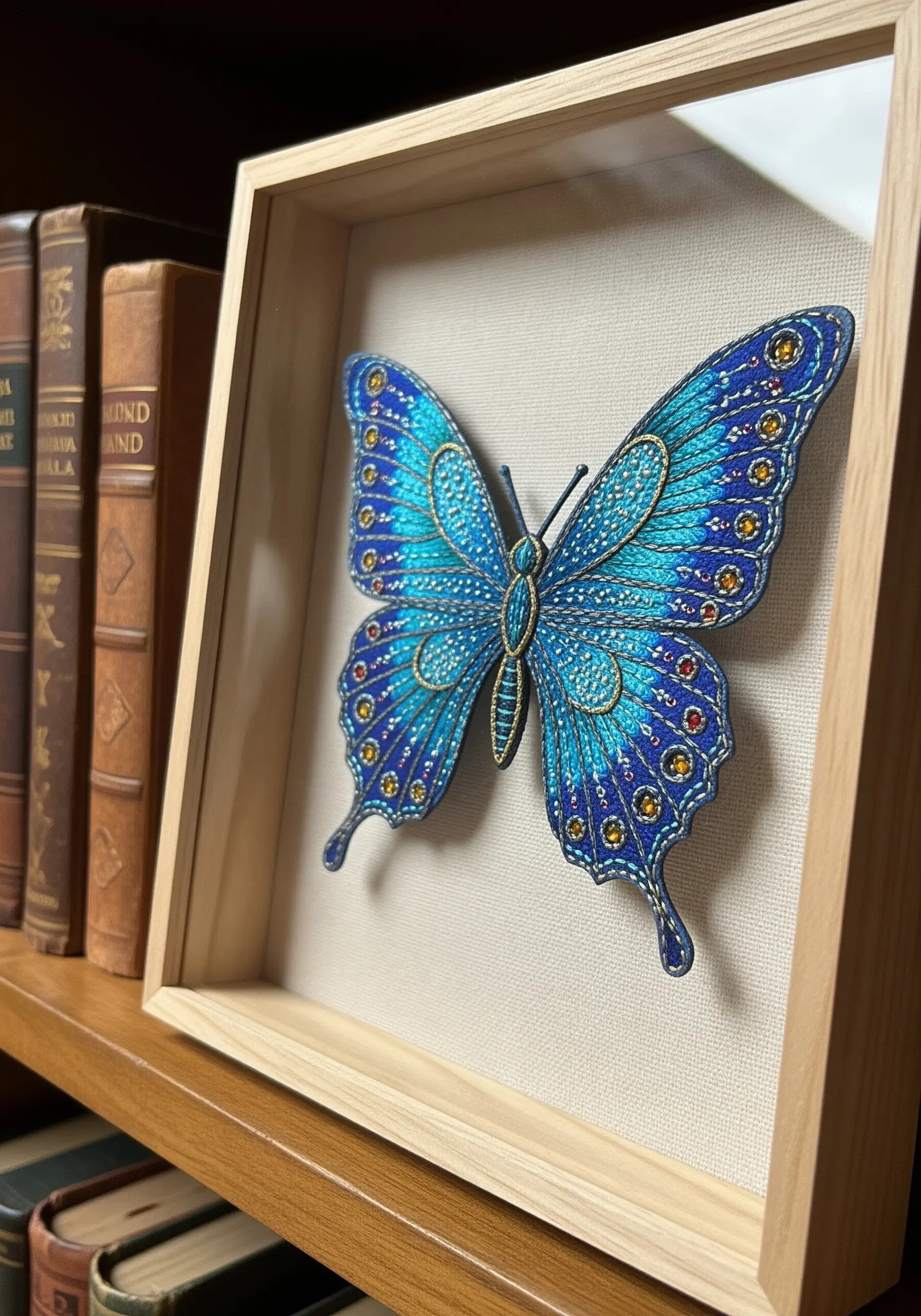 A 3D embroidered blue butterfly with raised wings, framed in a light wood shadow box.