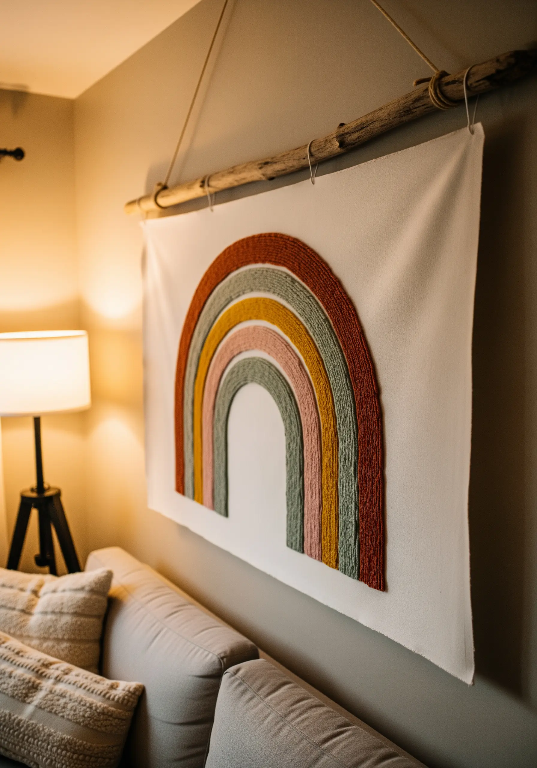 A large wall hanging with a rainbow made of thick, couched yarn in muted tones.