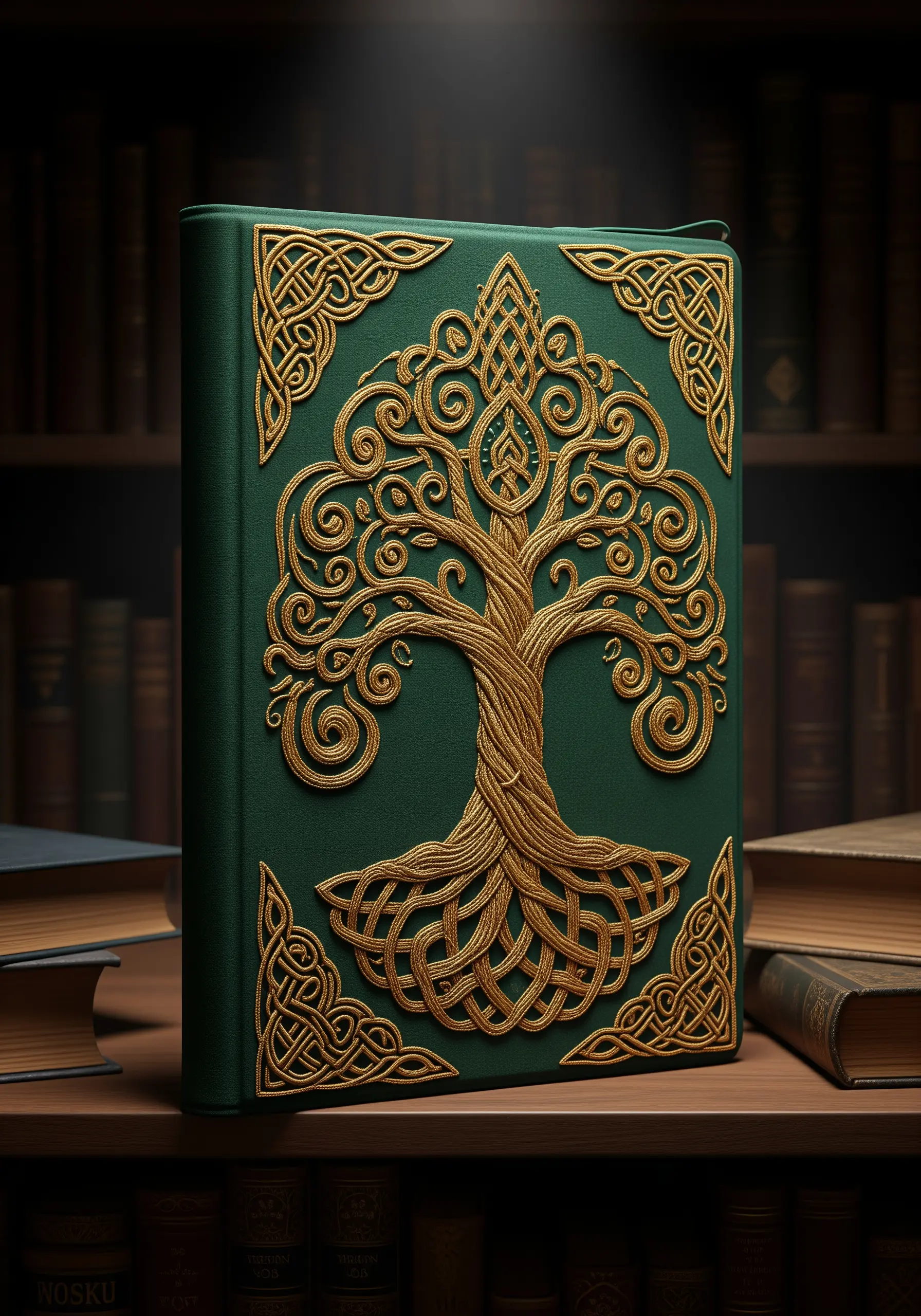 A green book cover with an elaborate Celtic Tree of Life embroidered in golden thread.