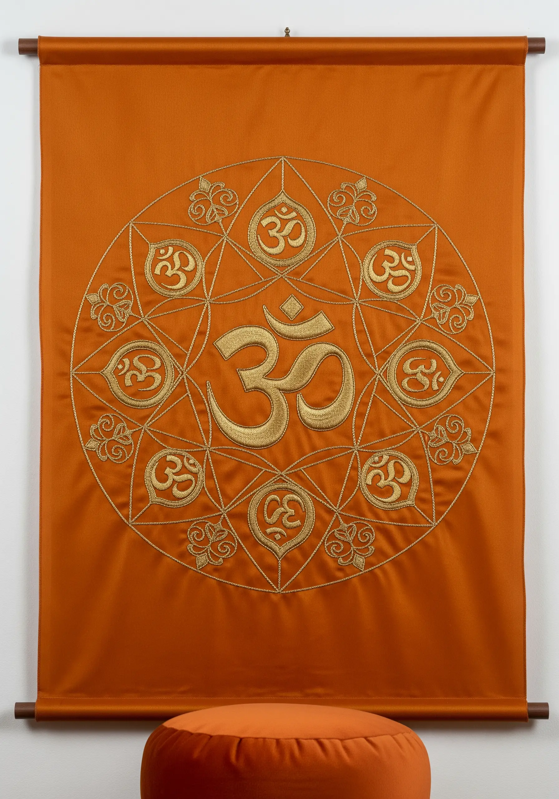 A golden Om symbol mandala embroidered with metallic thread on an orange silk wall scroll.
