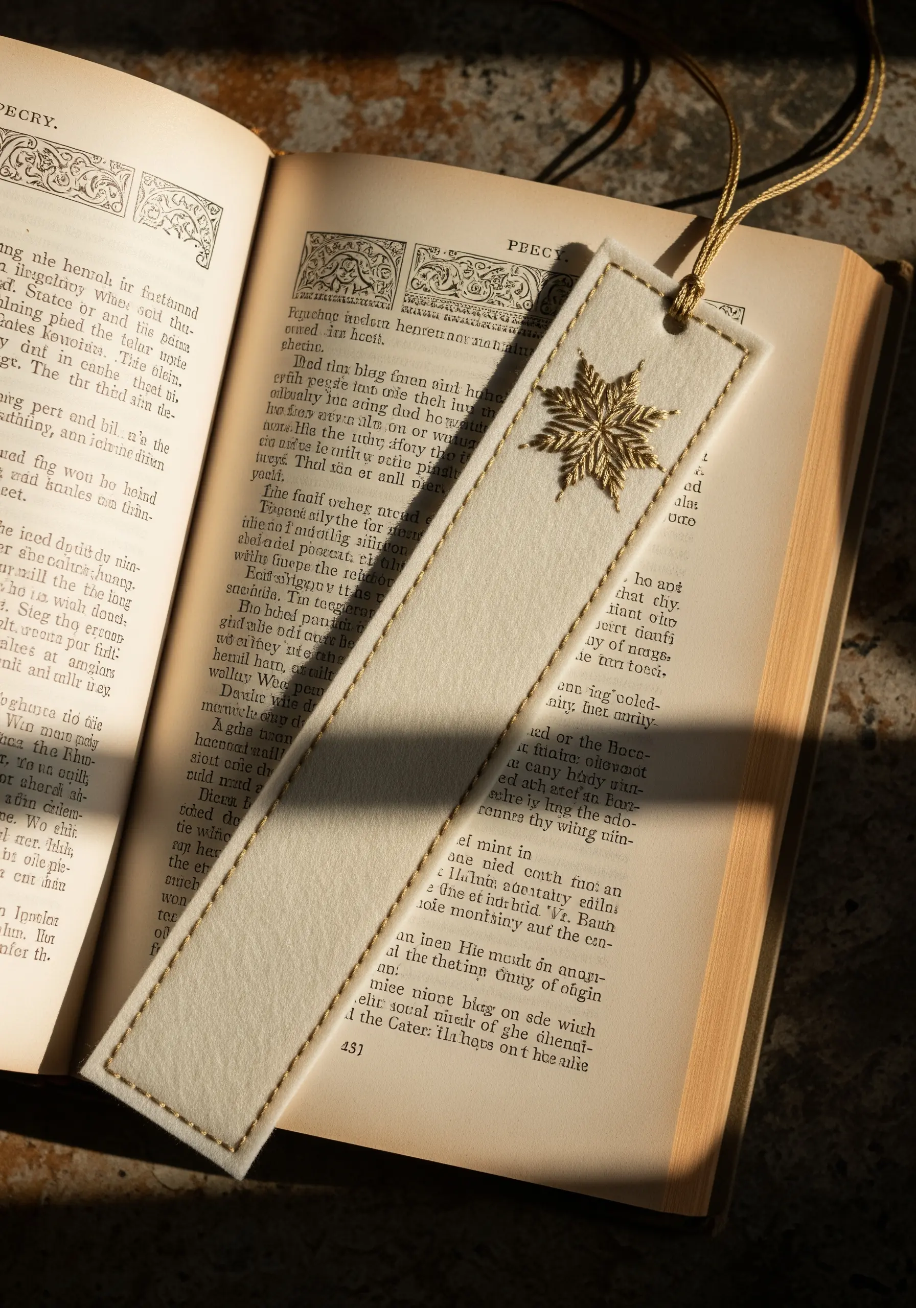A goldwork embroidered star with a high-shine finish on a cream felt bookmark.