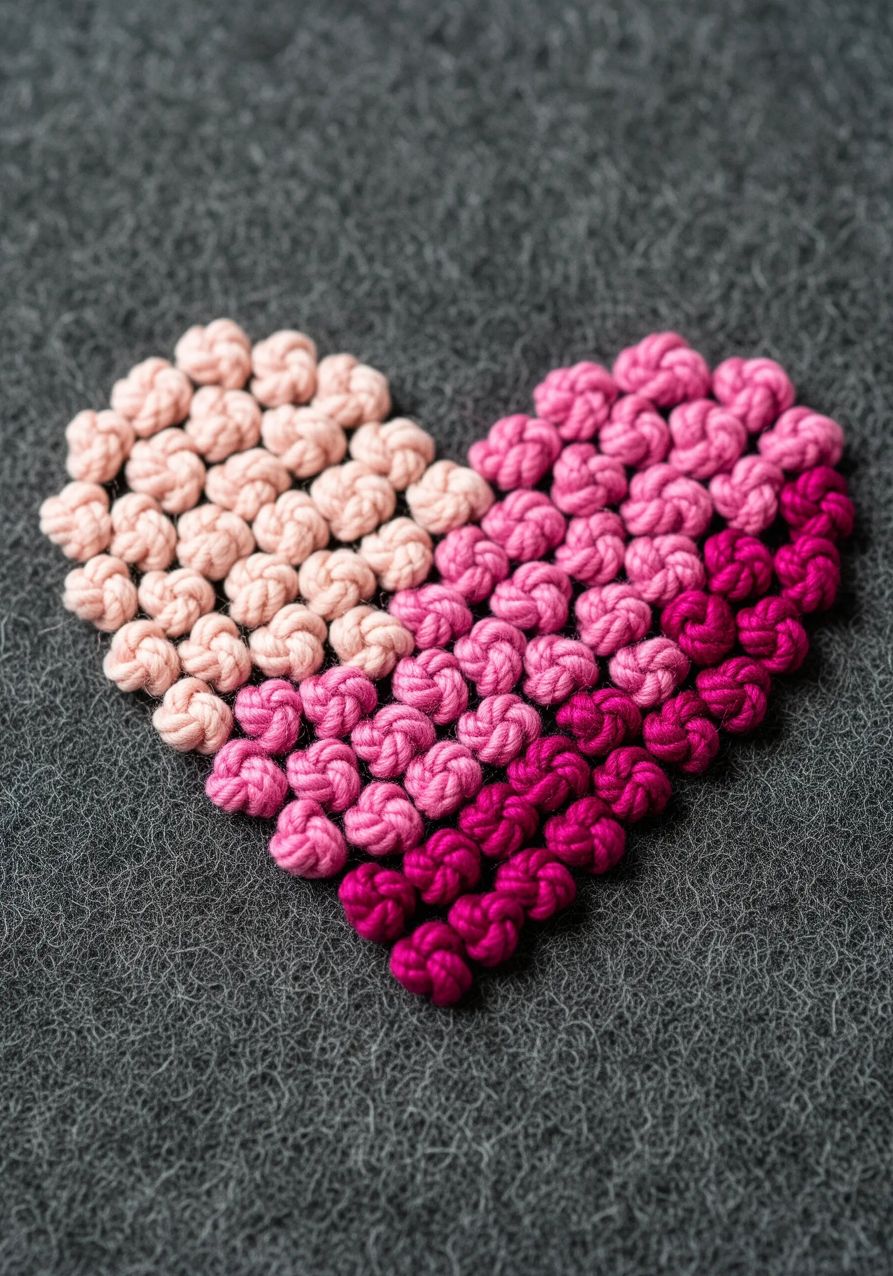 A heart filled with a gradient of pink French knots on a dark grey fabric.