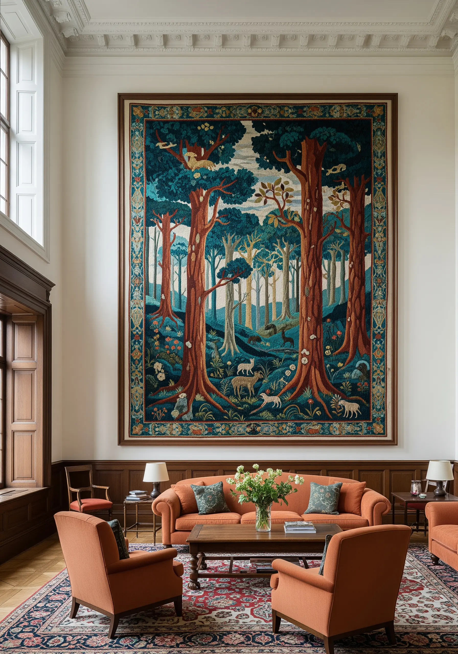 A very large, tapestry-style embroidery of a forest scene hanging in a grand room.