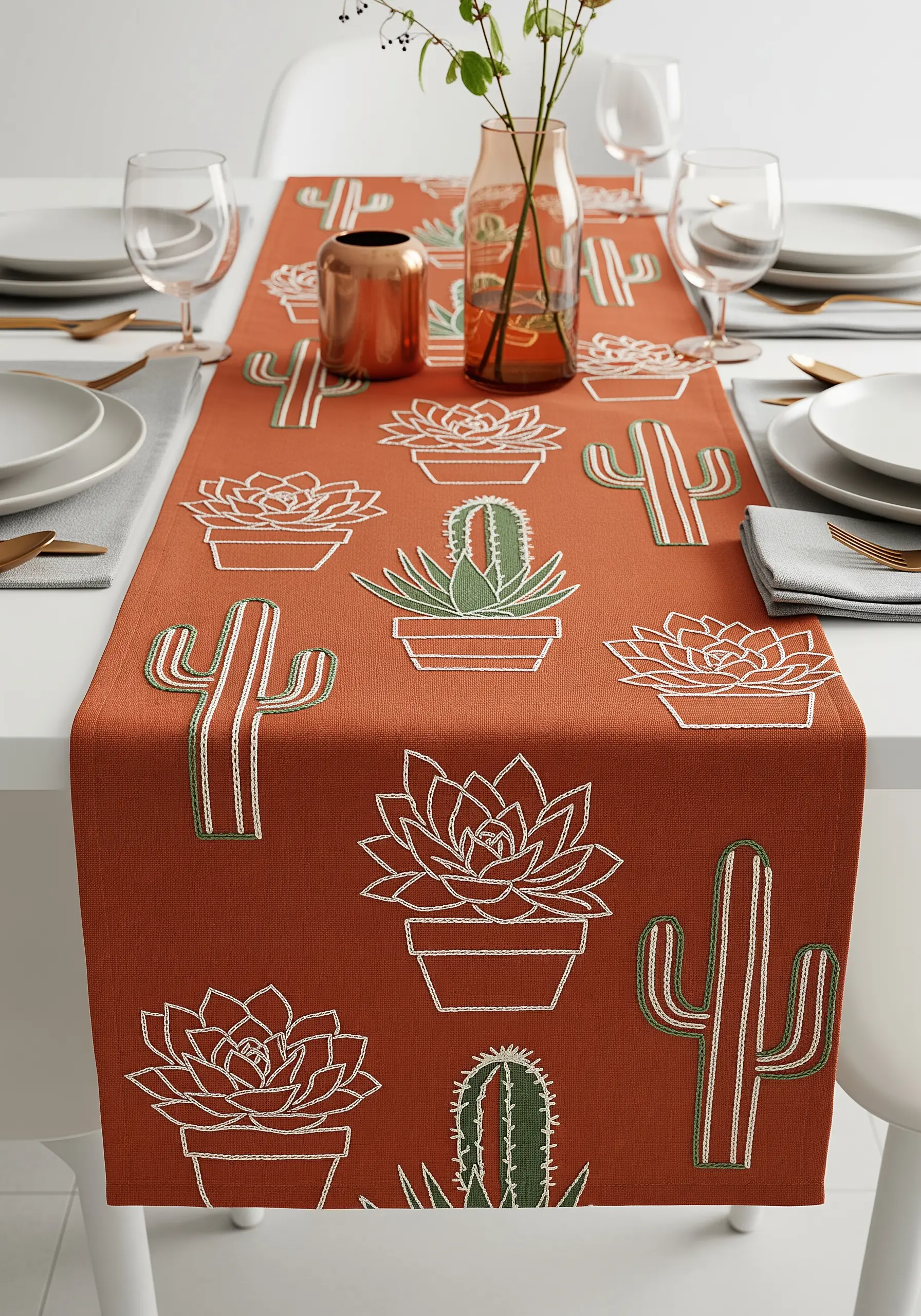 Graphic outline embroidery of cacti and succulents on a terracotta-colored table runner.