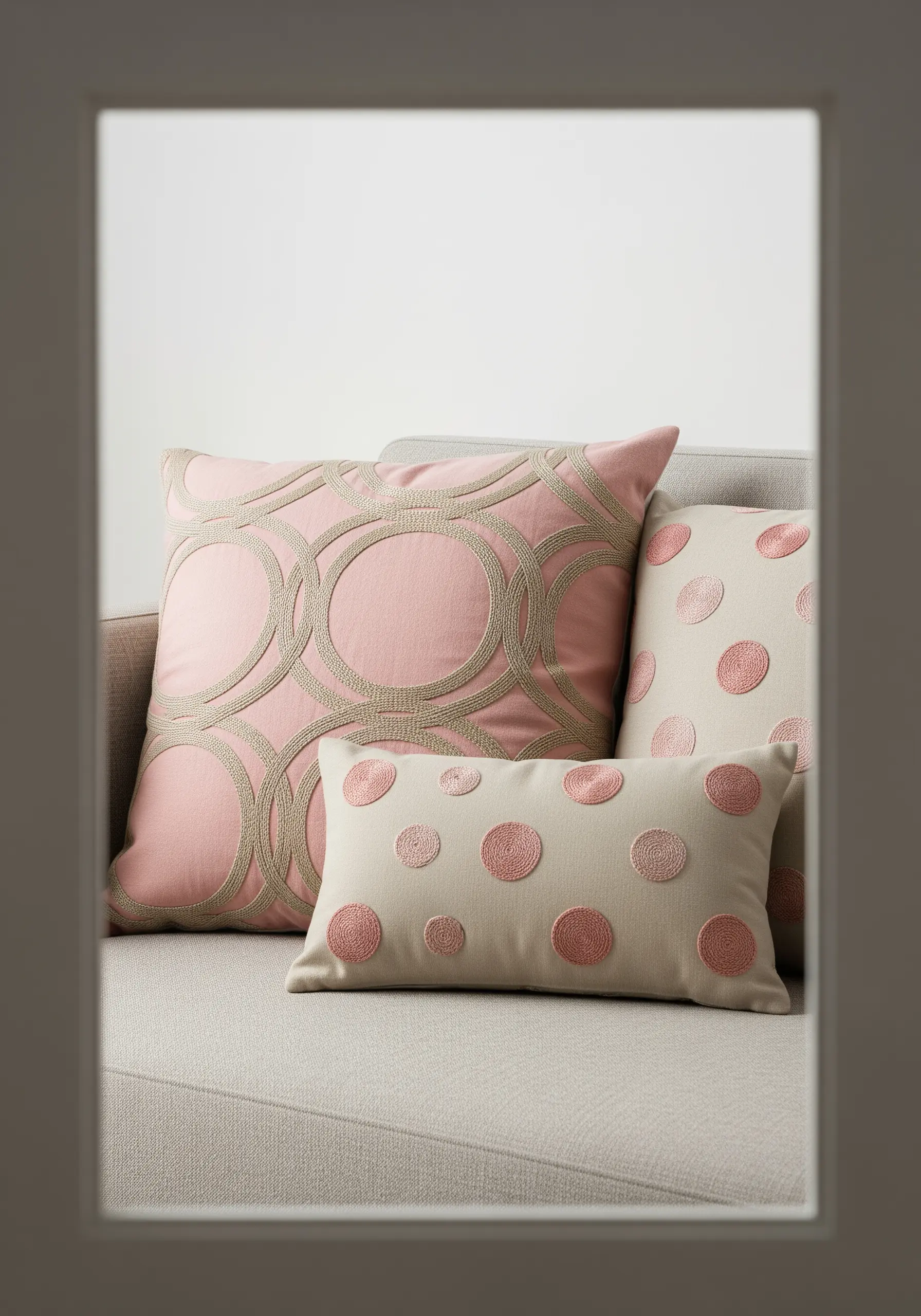 Pillows with interlocking circles and filled polka dots in blush and beige.