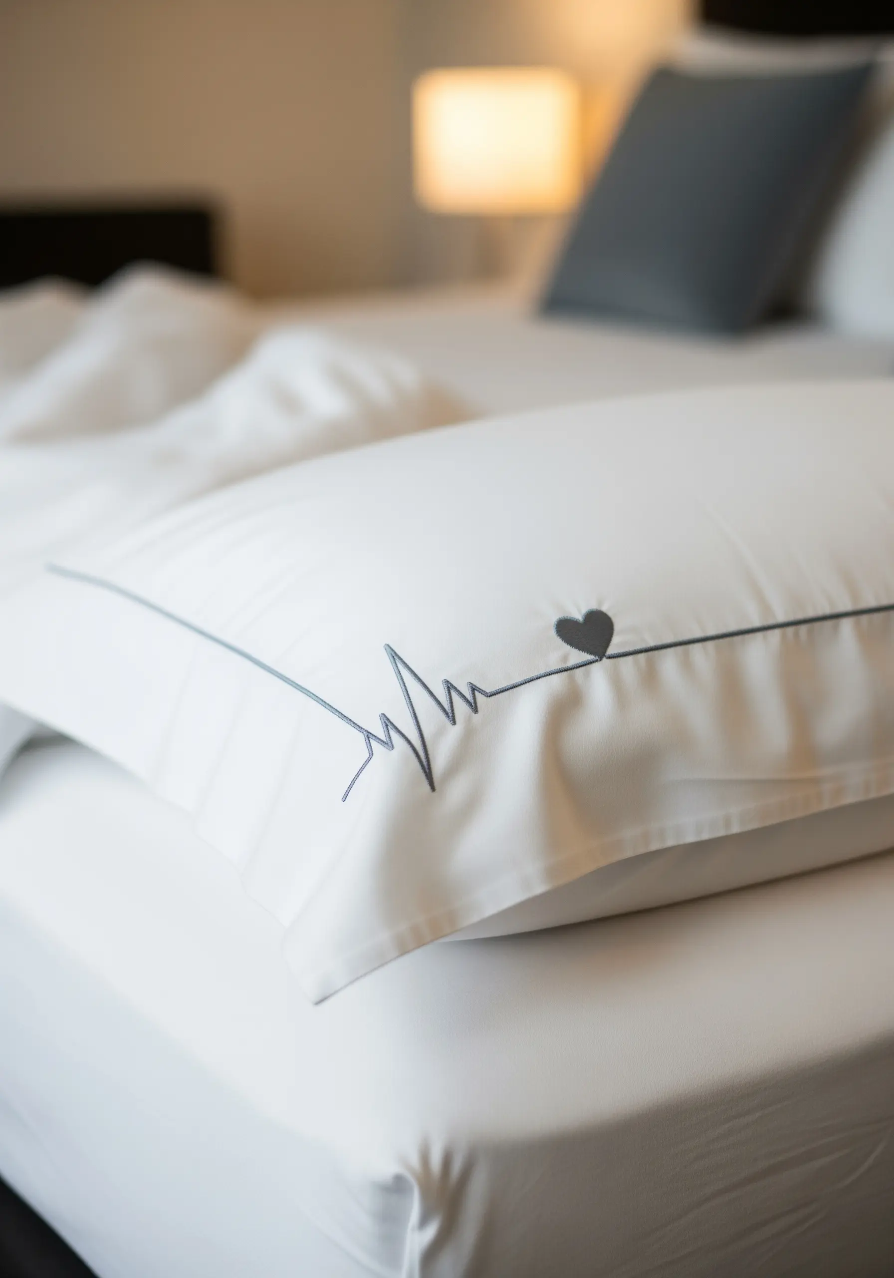 A clean, graphic line representing a heartbeat, ending in a solid heart on a pillowcase.