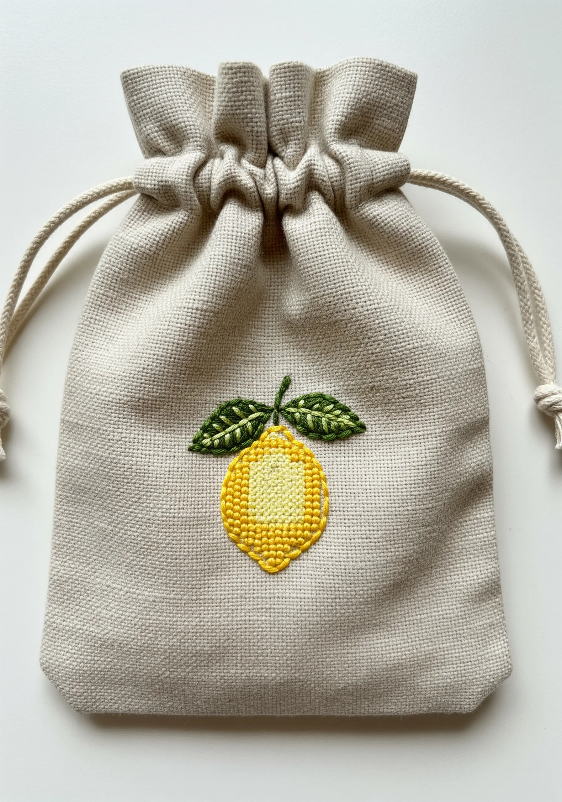 A cross-stitched lemon motif with satin-stitched leaves on a canvas bag.