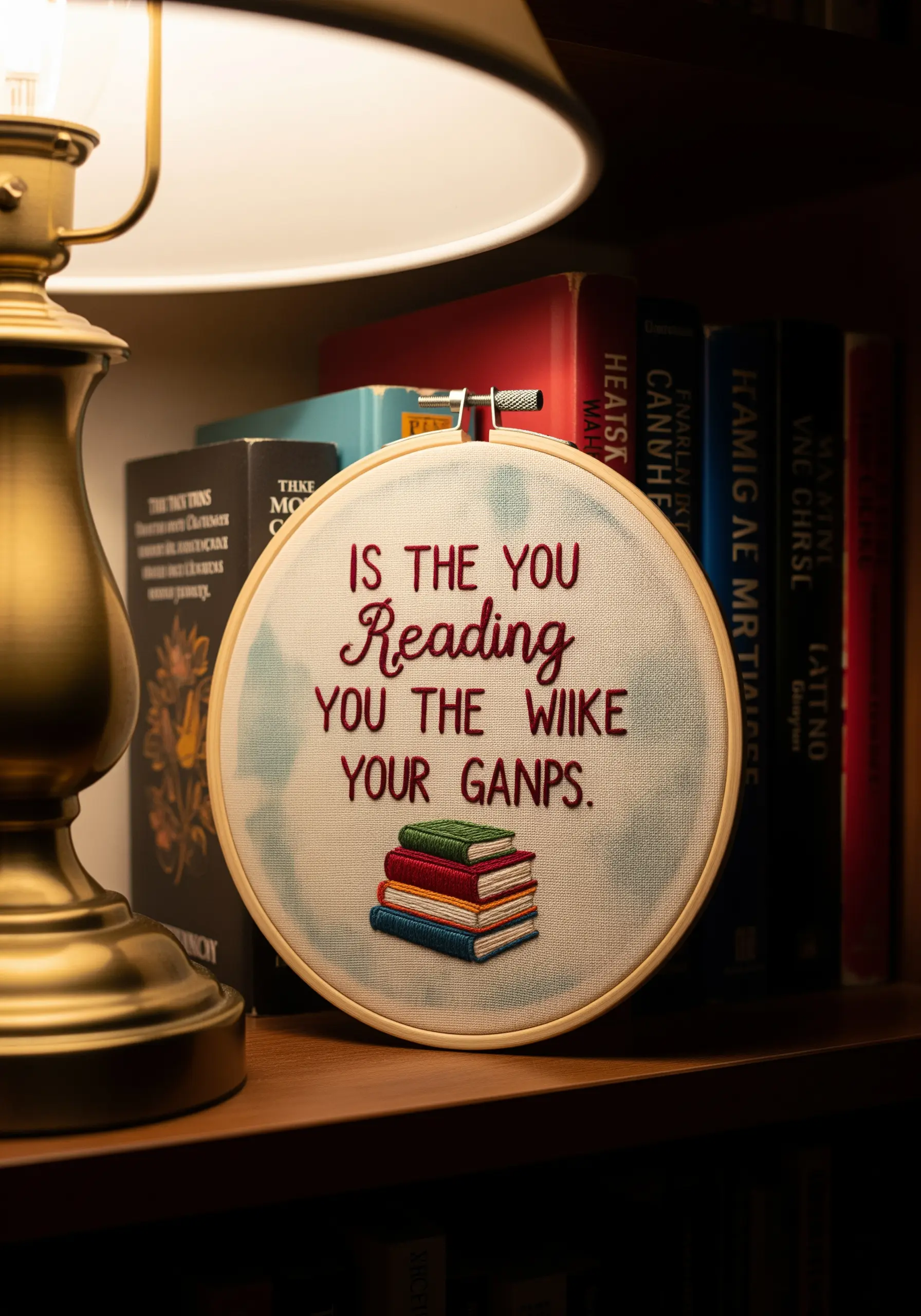 Embroidered quote about reading with a small satin-stitched stack of books.