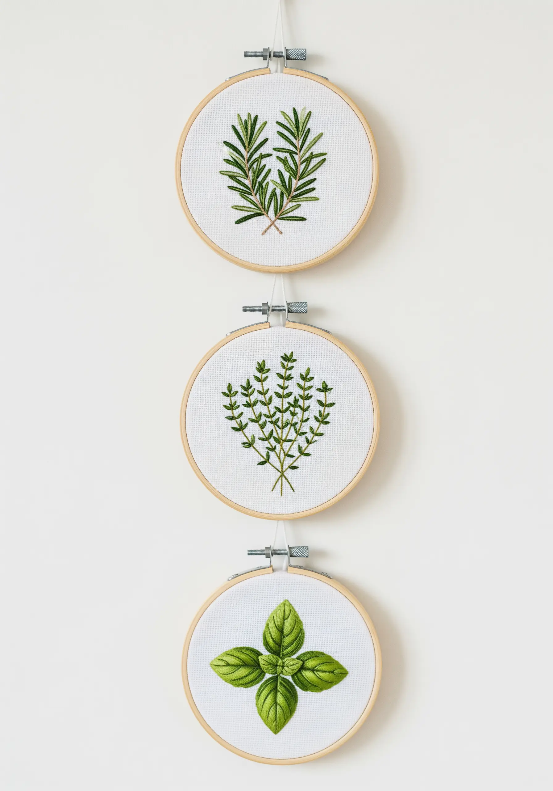 Three small embroidery hoops with rosemary, thyme, and basil motifs hung vertically.