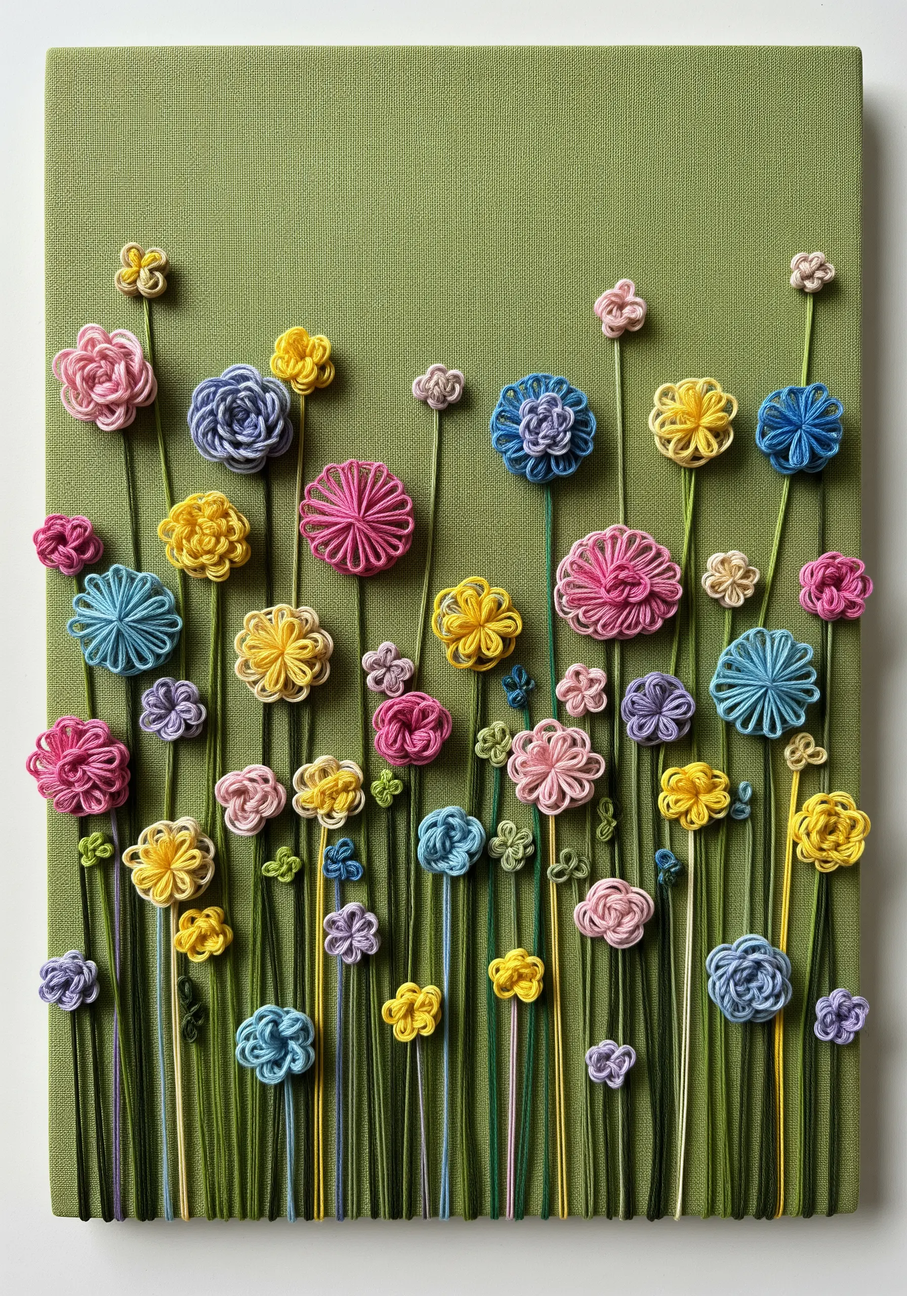 A vibrant field of 3D flowers made with woven string art techniques on a green canvas.