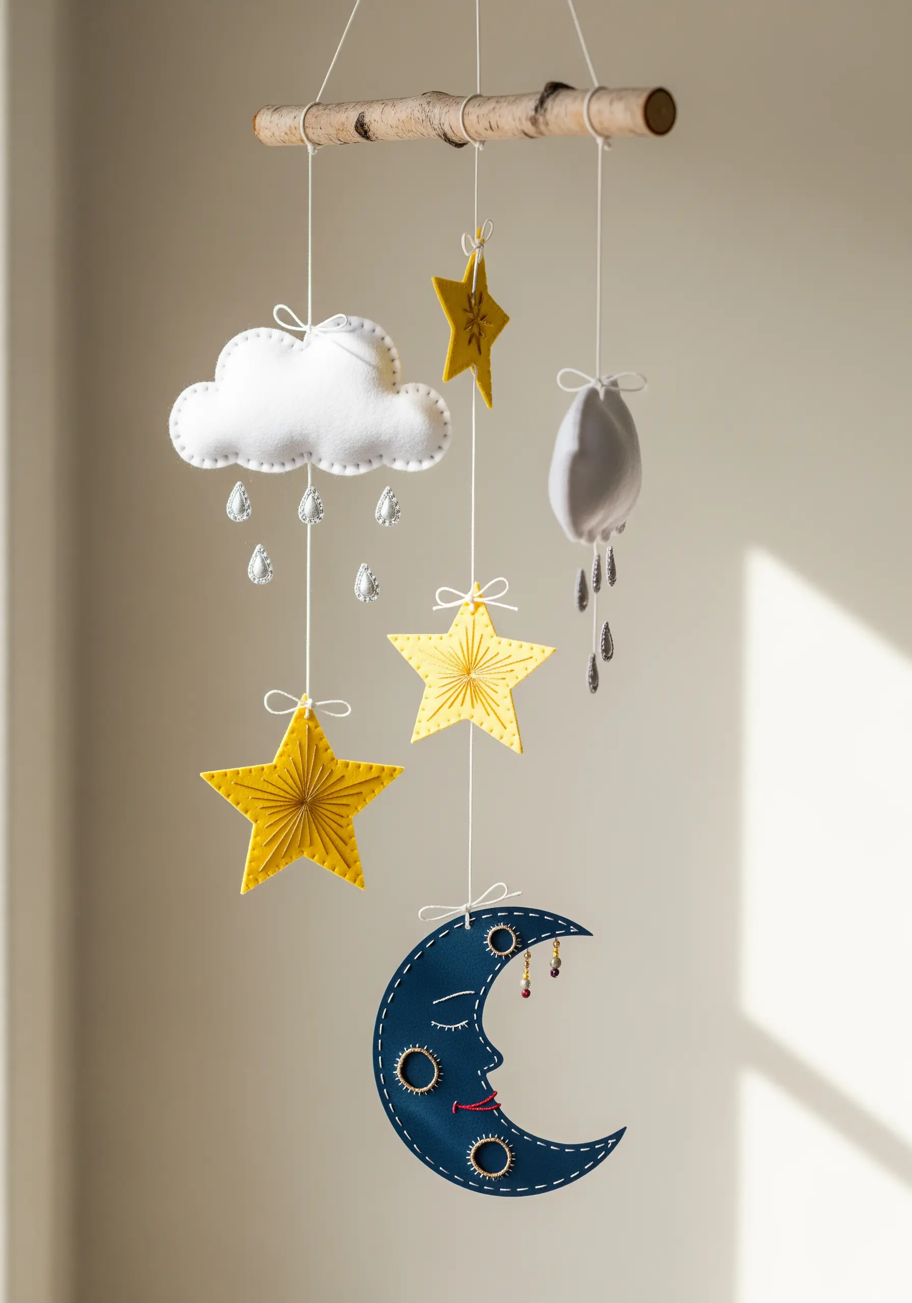 A handmade baby mobile with stitched felt clouds, stars, and a moon embellished with beads