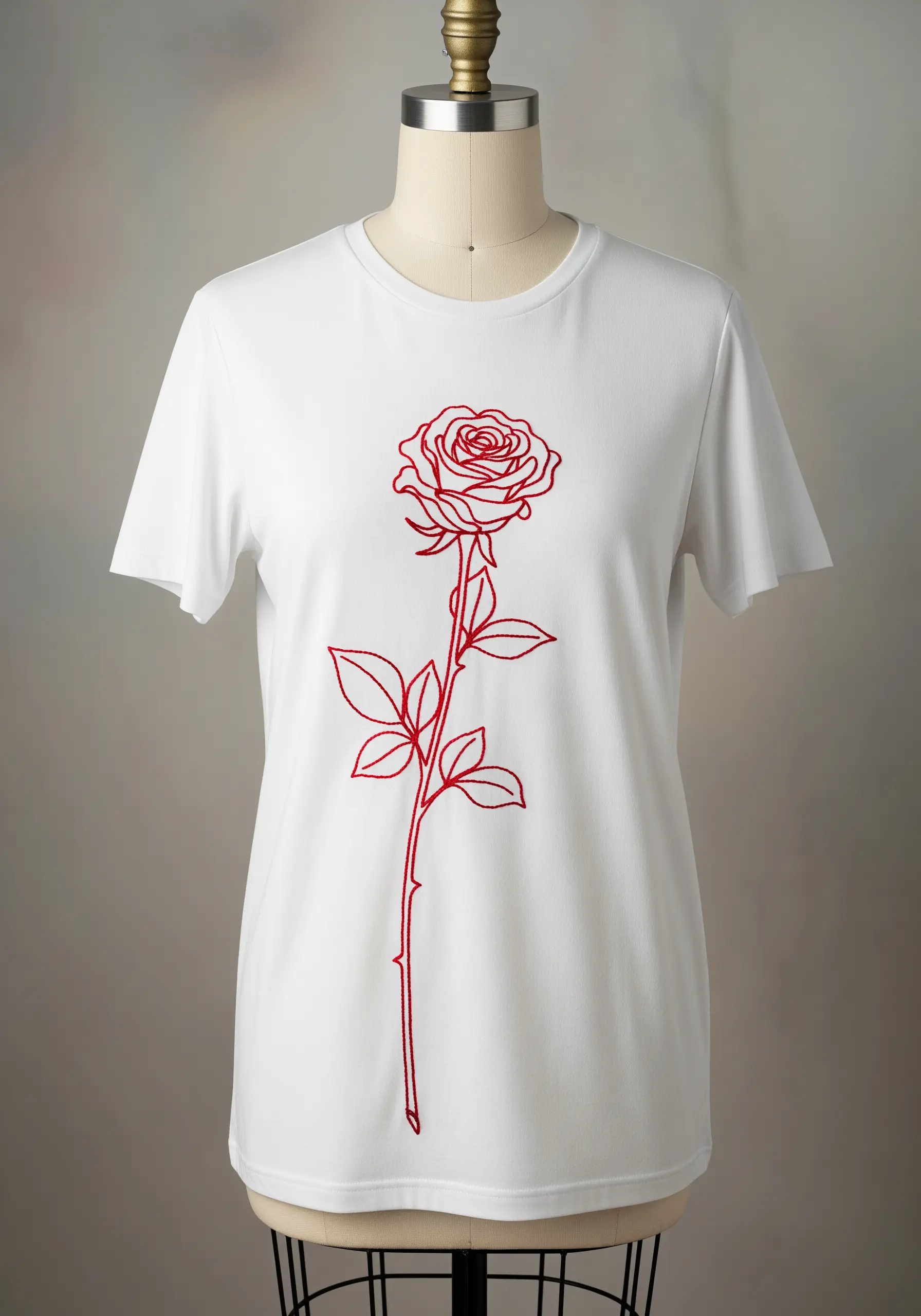 Large single-line red rose embroidery on the front of a white t-shirt.