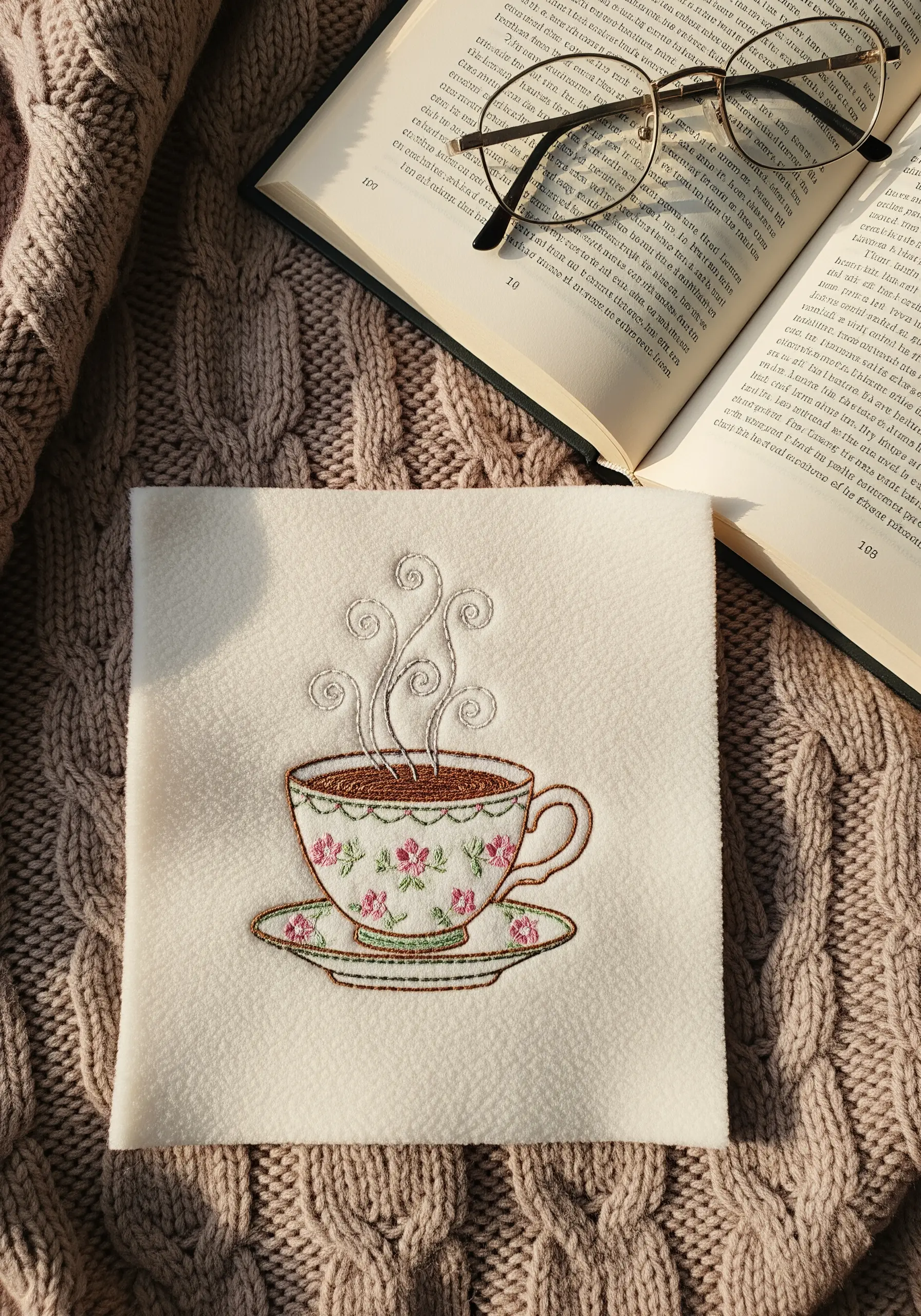 A delicate embroidered teacup with fine floral details and steam swirls on a soft fabric.