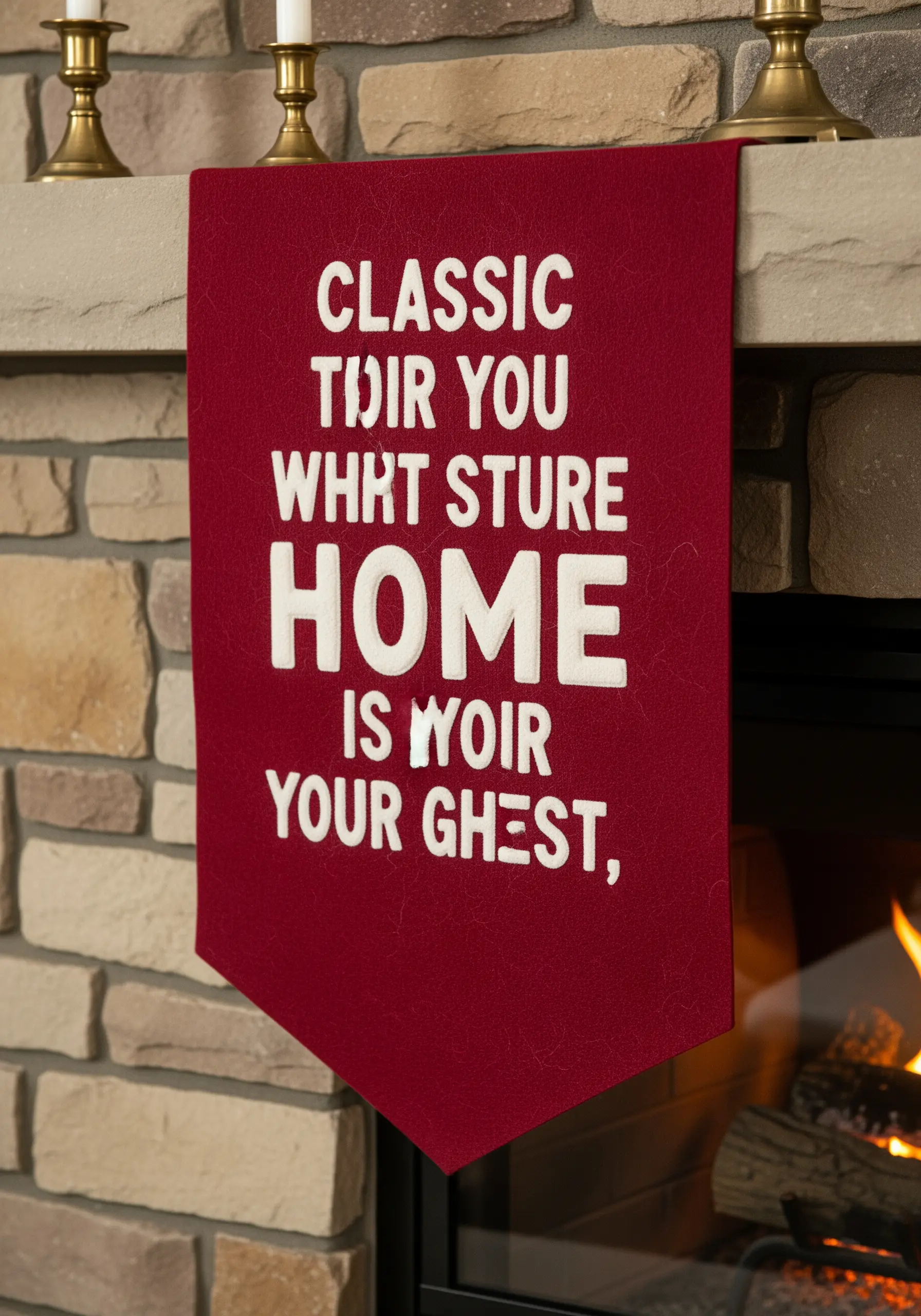 White felt appliqué letters on a red felt banner hanging from a mantel.