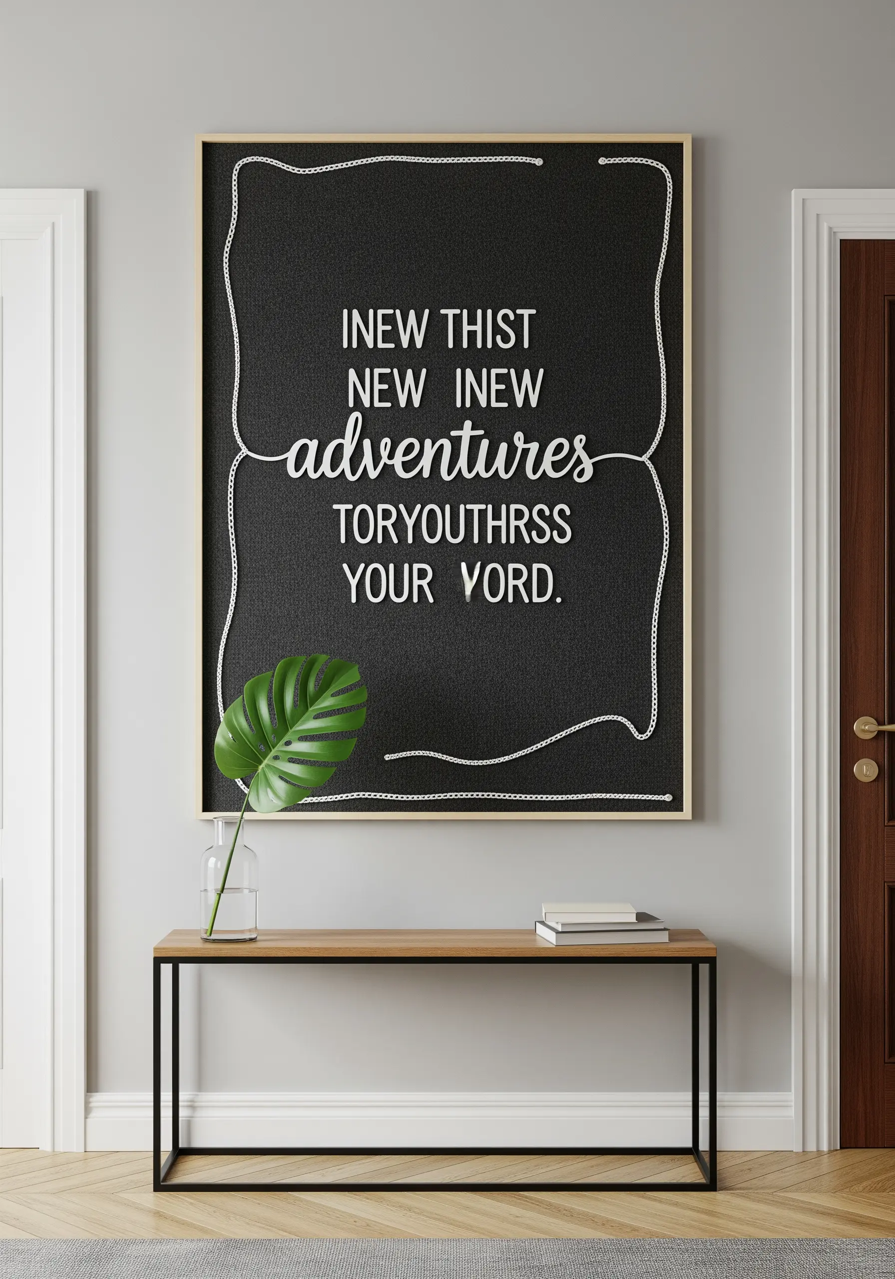 White embroidered quote and border on a large black framed canvas.