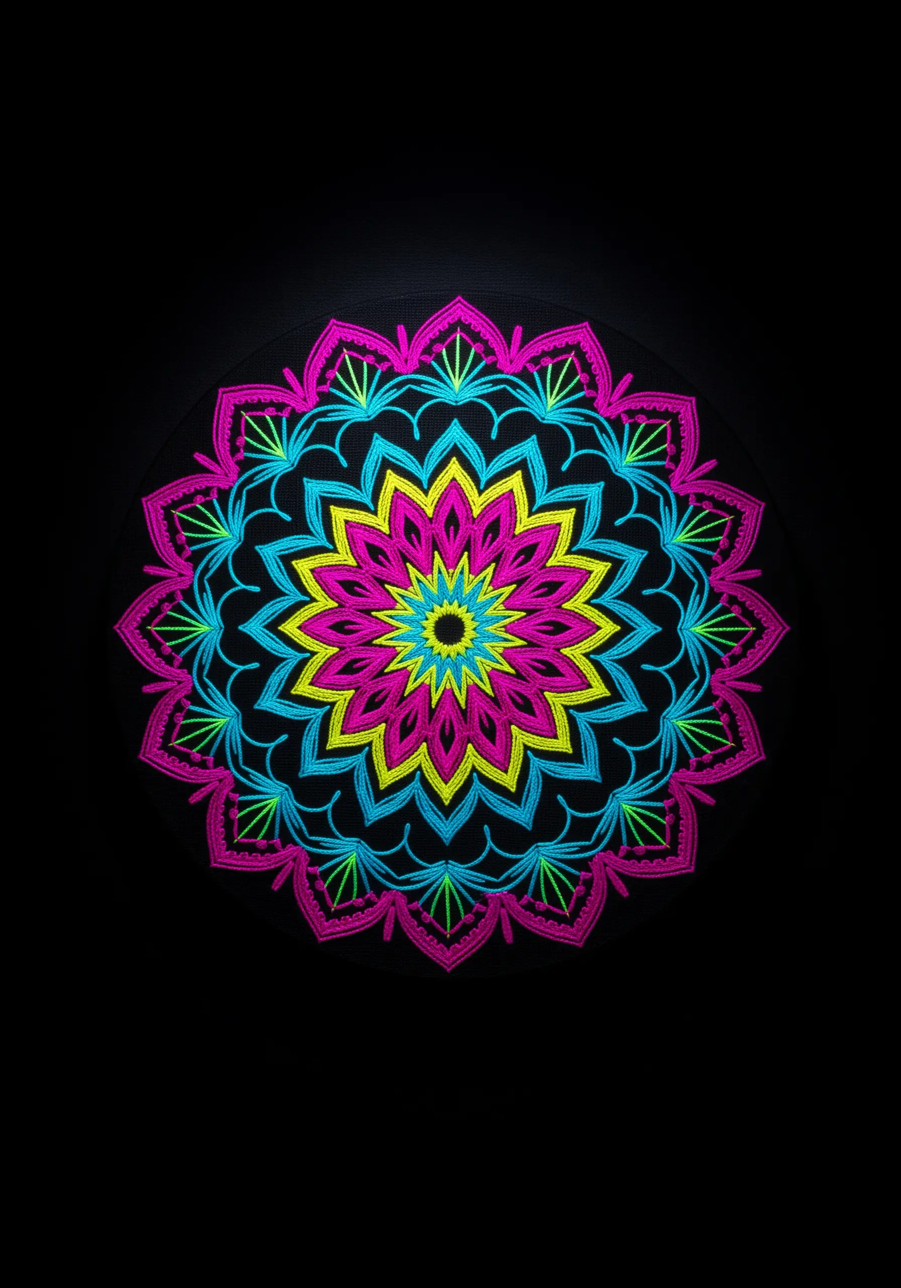 A vibrant, symmetrical mandala embroidered with neon pink, blue, and yellow threads on black fabric.