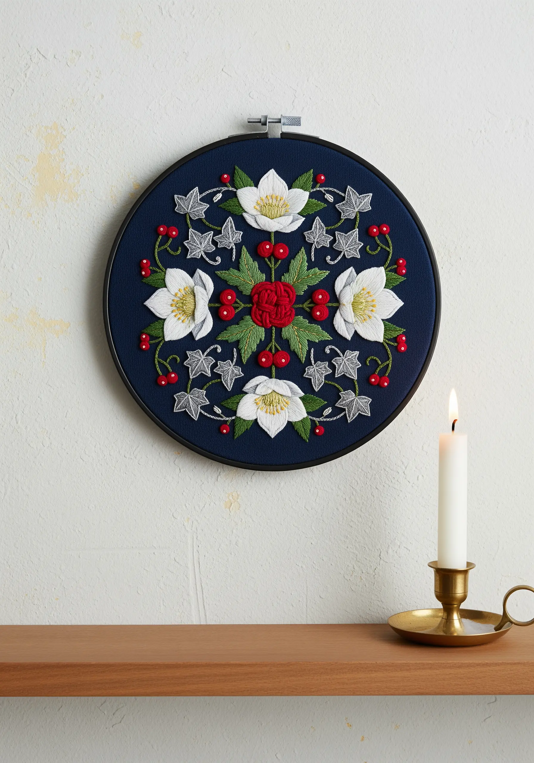 White hellebore flowers and red berries embroidered on dark navy fabric.
